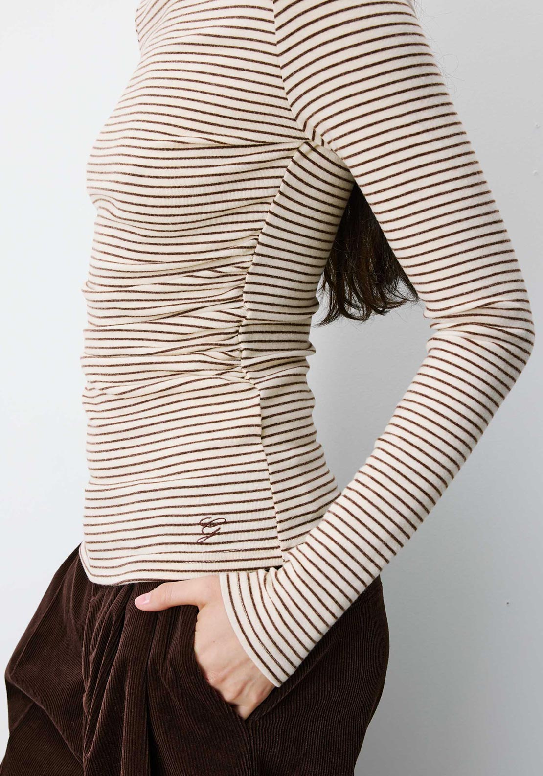 Grace & Mila Striped with Ruched Waist Top, Cream Multi