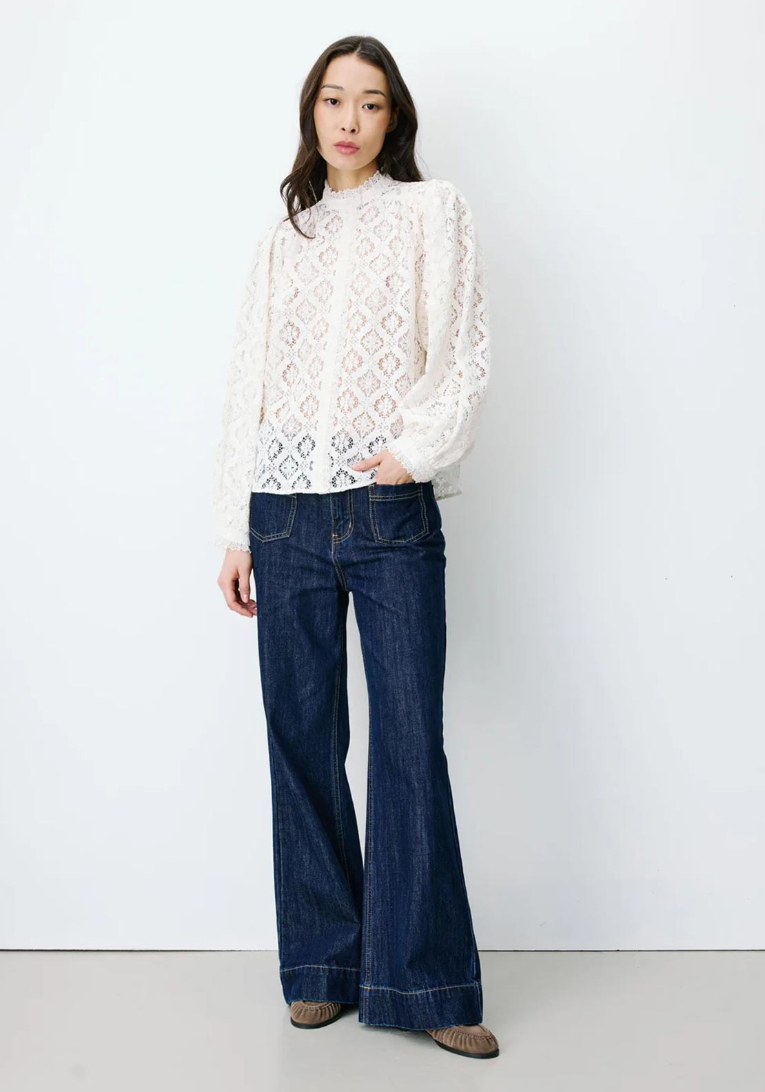 Grace & Mila Anita Lace with Button Closure Blouse, Cream