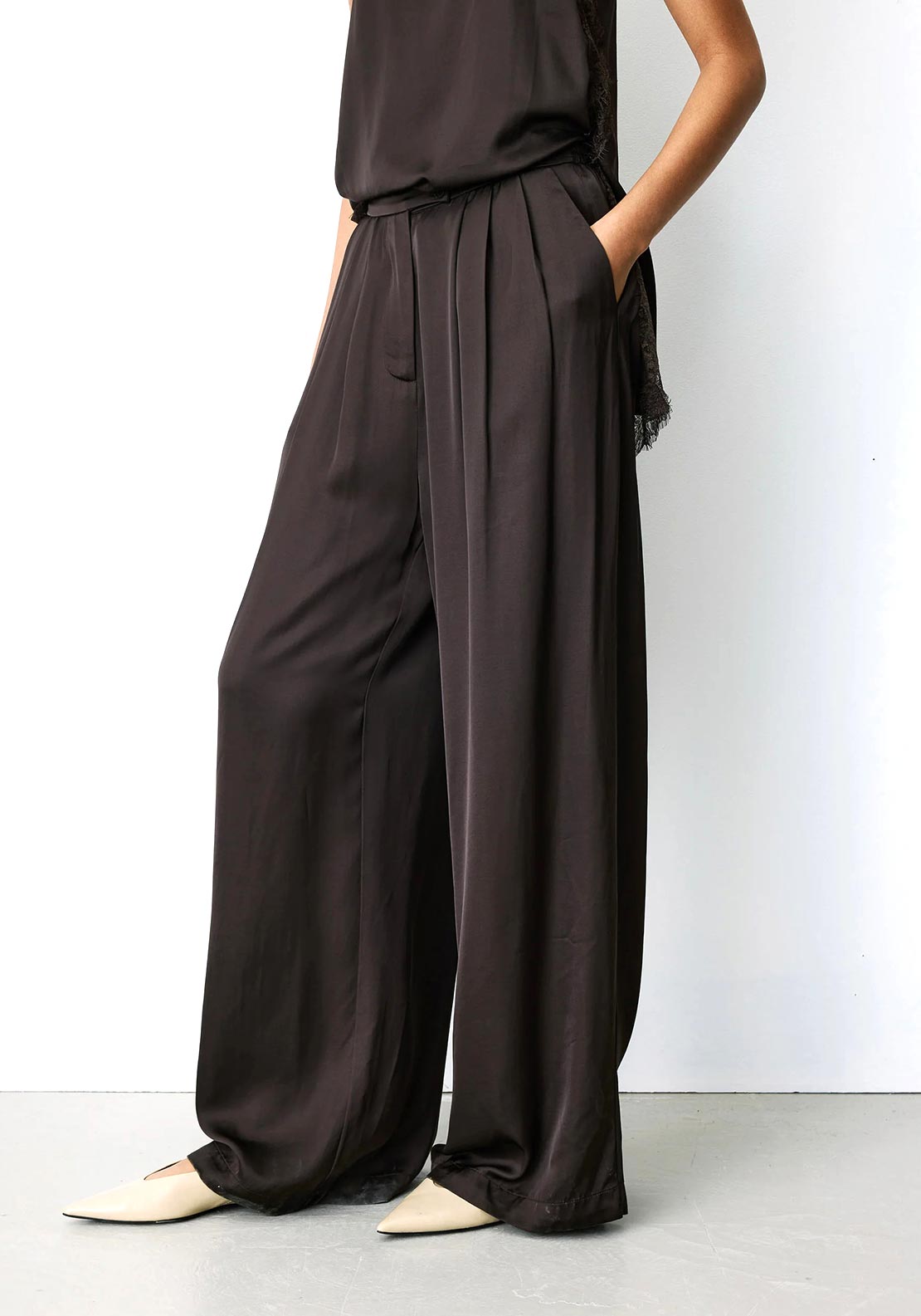 Grace & Mila Barnabe Satin Wide Leg Trousers, Chocolate Brown