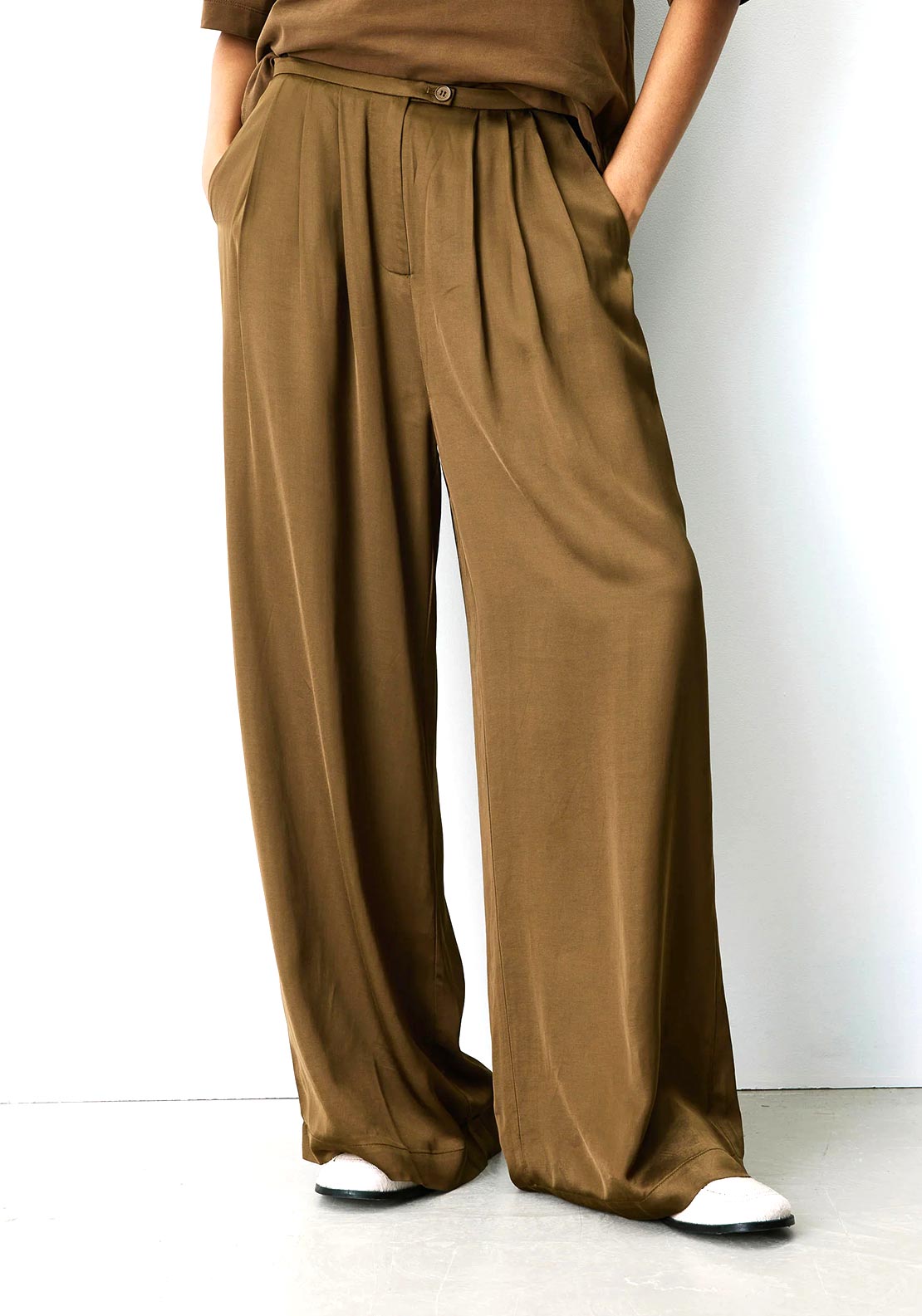 Grace & Mila Barnabe Satin Wide Leg Trousers, Olive Green