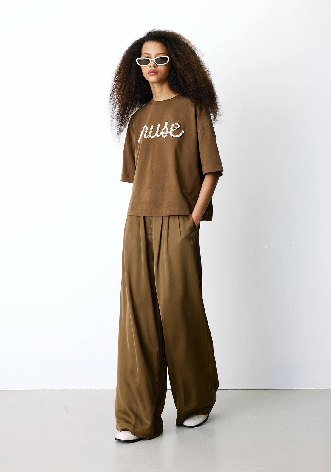 Grace & Mila Barnabe Satin Wide Leg Trousers, Olive Green