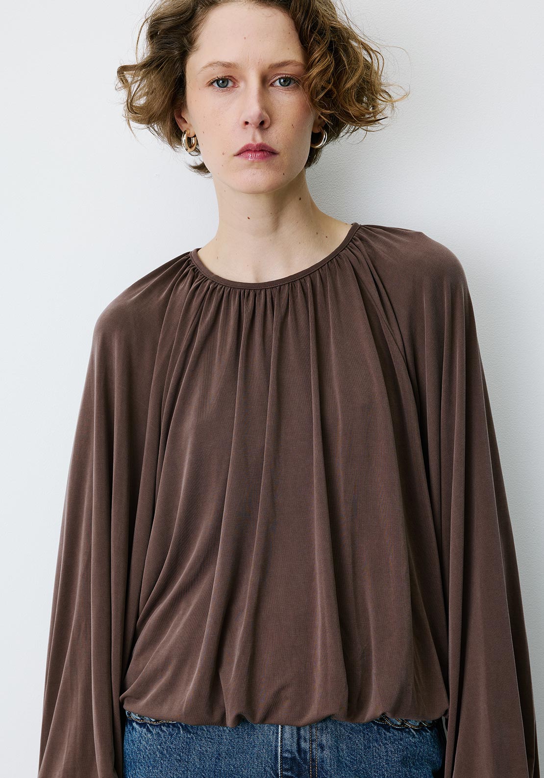Grace & Mila Barbara Round Neckline Ruched Blouse, Brown