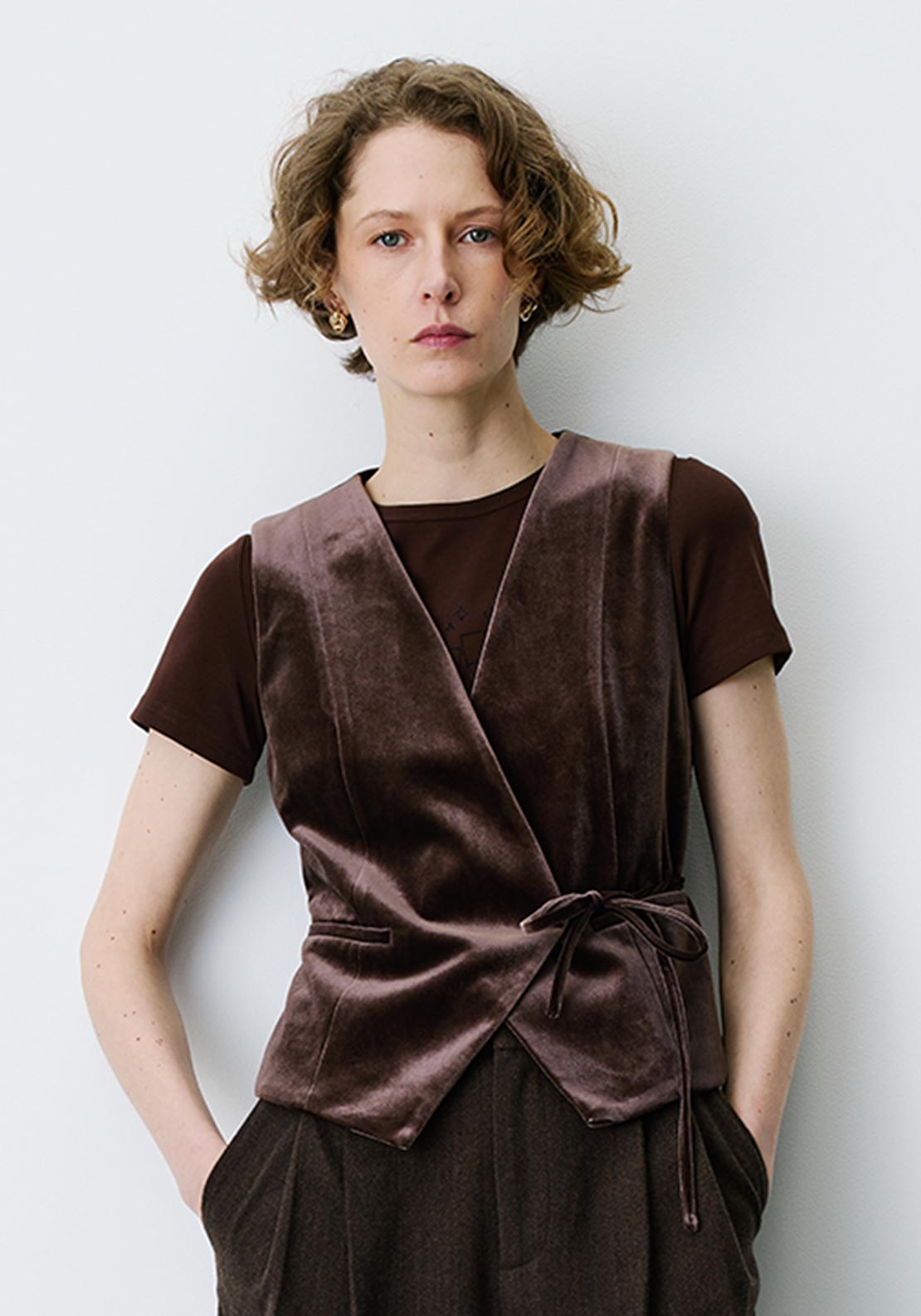 Grace & Mila Benny Suede Sleeveless with Belt Detail Waistcoat, Brown