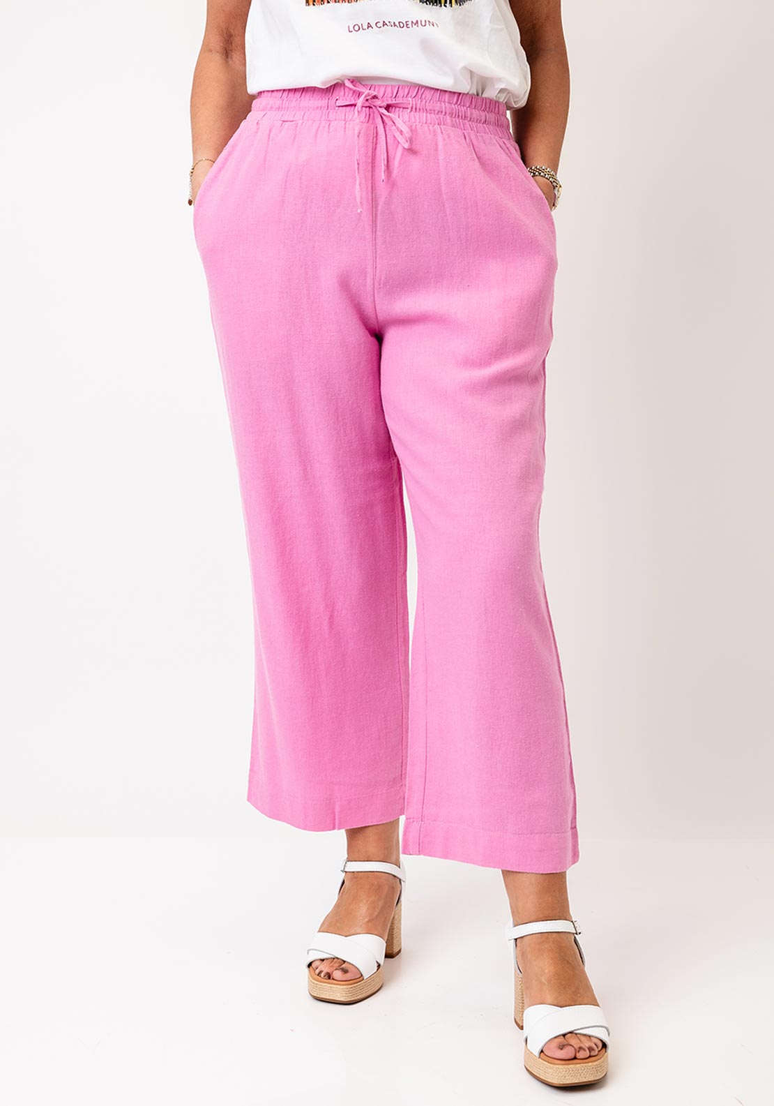 Freequent Lava Linen Cropped Trousers, Fuchsia Pink