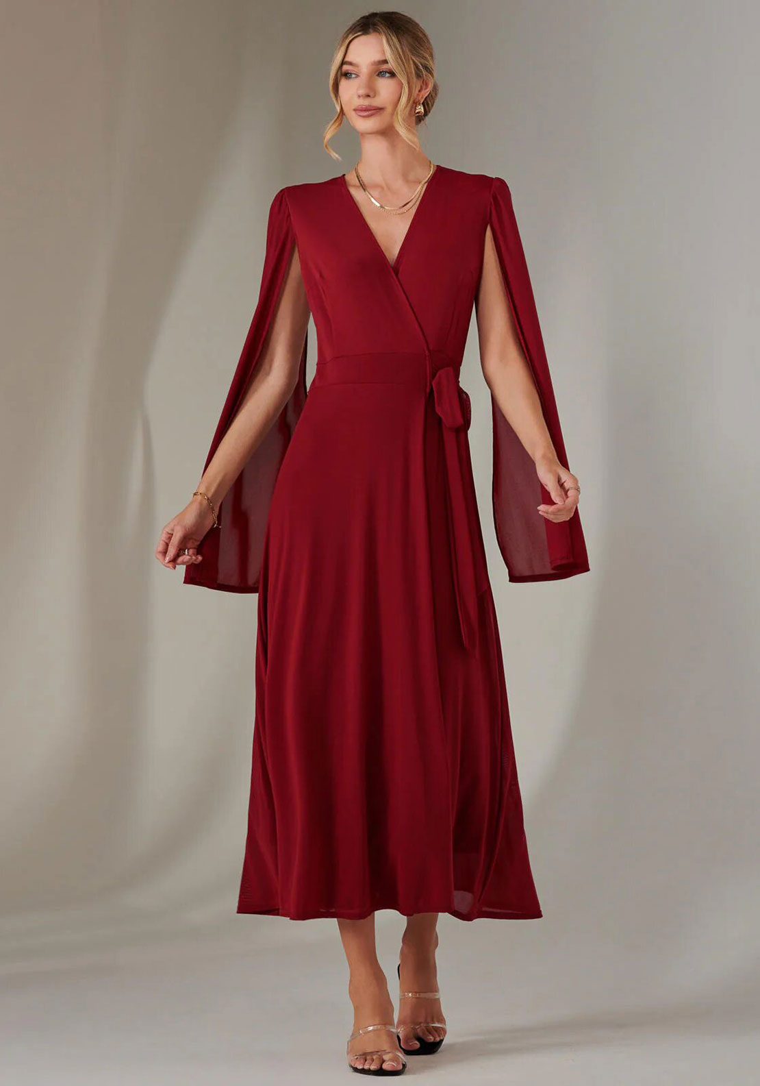 strapless open back dress Jolie Moi Amira Cape Sleeve Wrap Dress, Dark Red