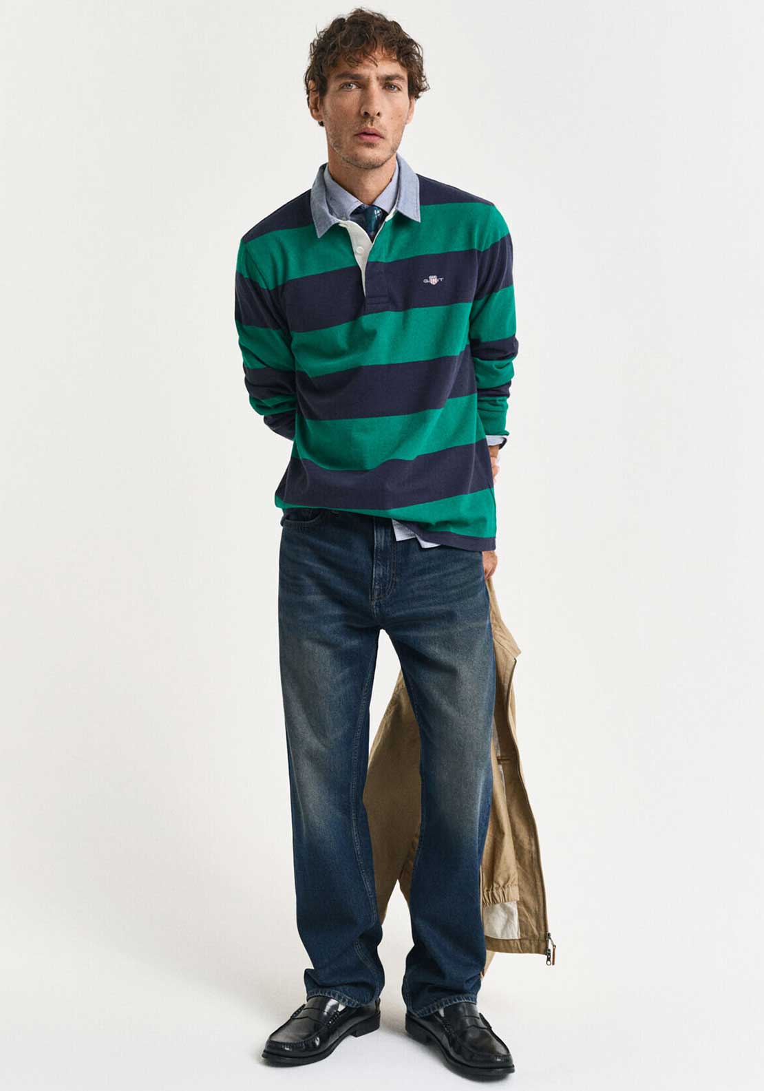 Gant Chambray Heavy Rugger Barstripe Polo Shirt, Deep Green
