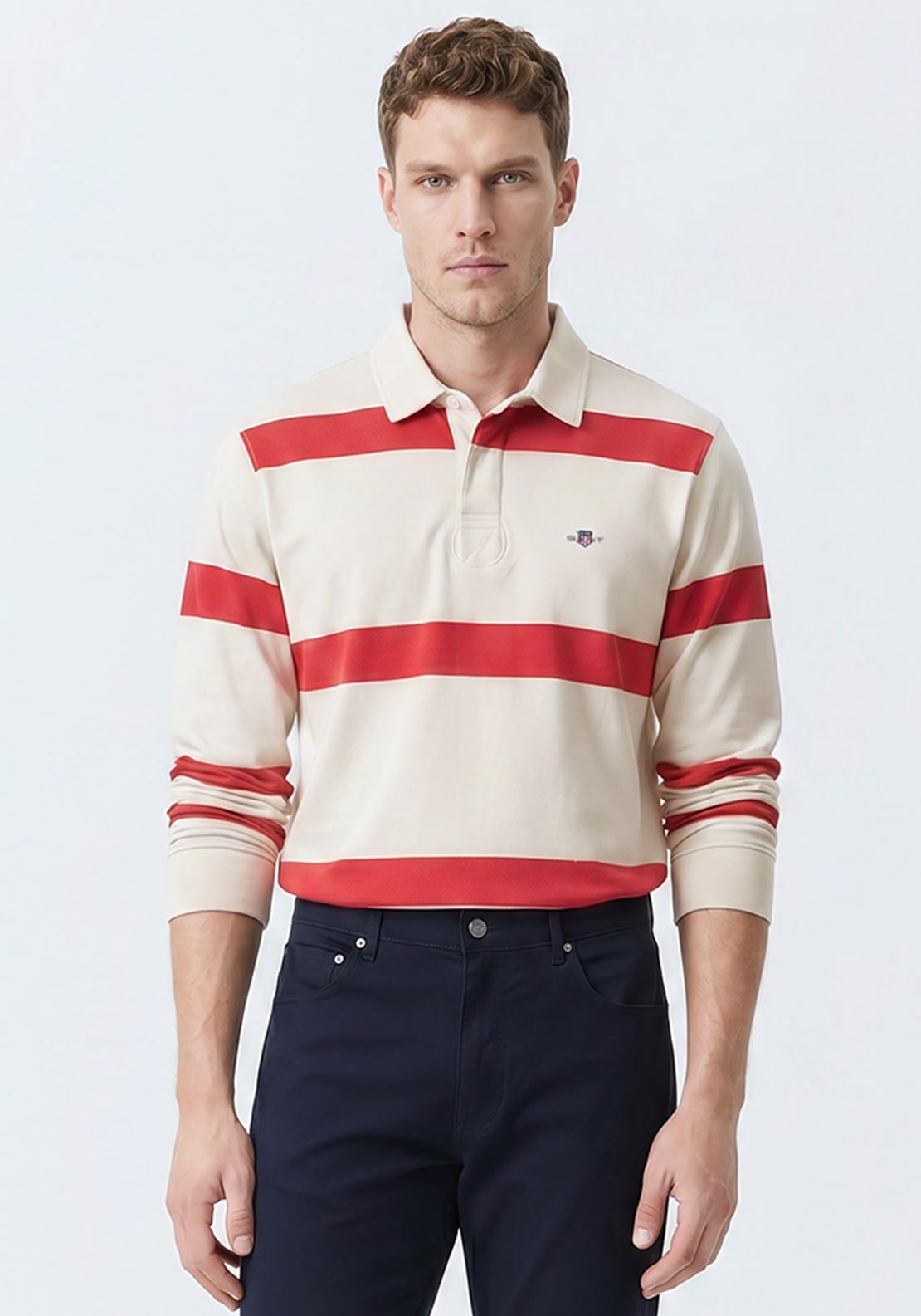Gant Striped Heavy Rugger Rugby Shirt, Cream & Red