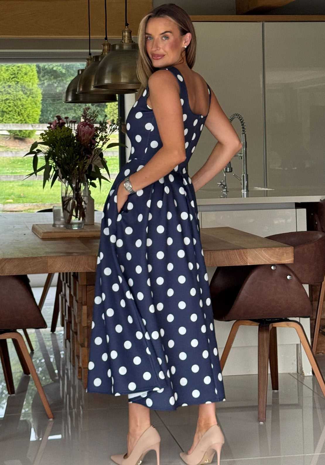 Girl in Mind Erica Polka Dot Midi Dress, Navy