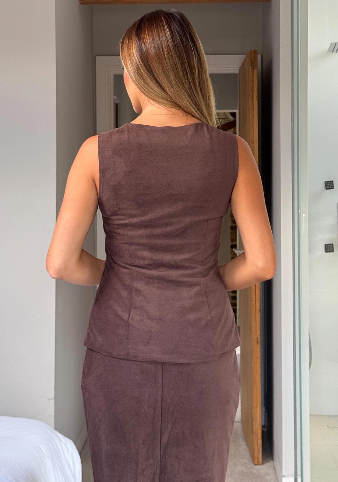Girl In Mind Jamie Square Neck Suede Waistcoat, Brown