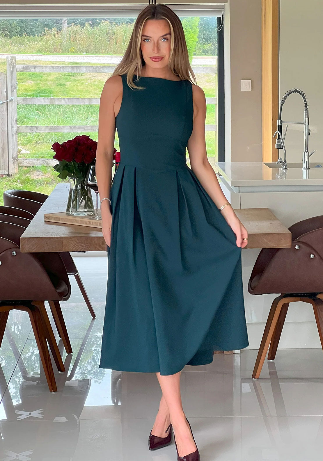 Girl in Mind Nesta Boat Neck Skater Midi Dress, Green