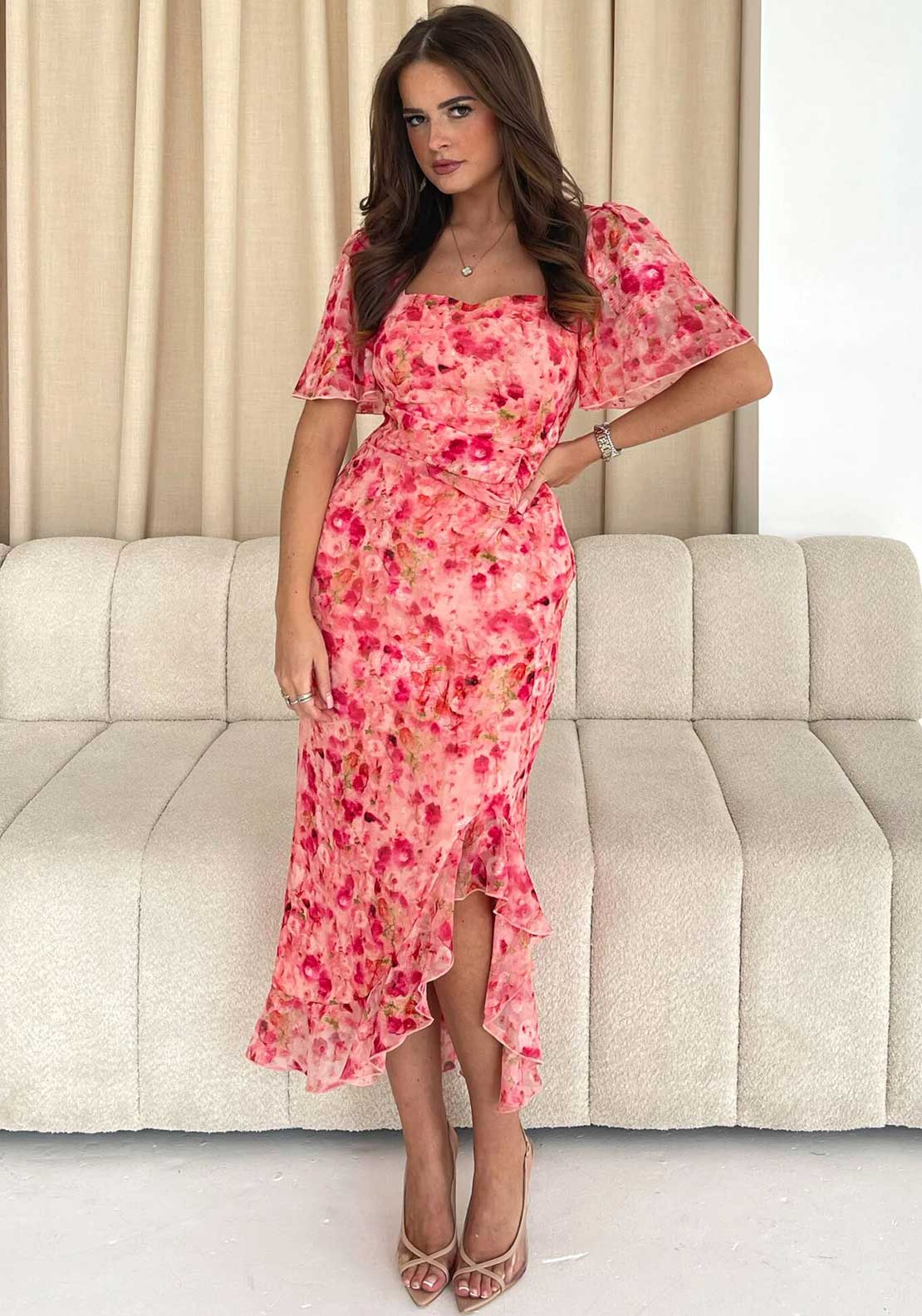 Girl In Mind Heidi Floral Ruched Midi Dress, Pink & Red Girl In Mind Heidi Floral Ruched Midi Dress, Pink & Red