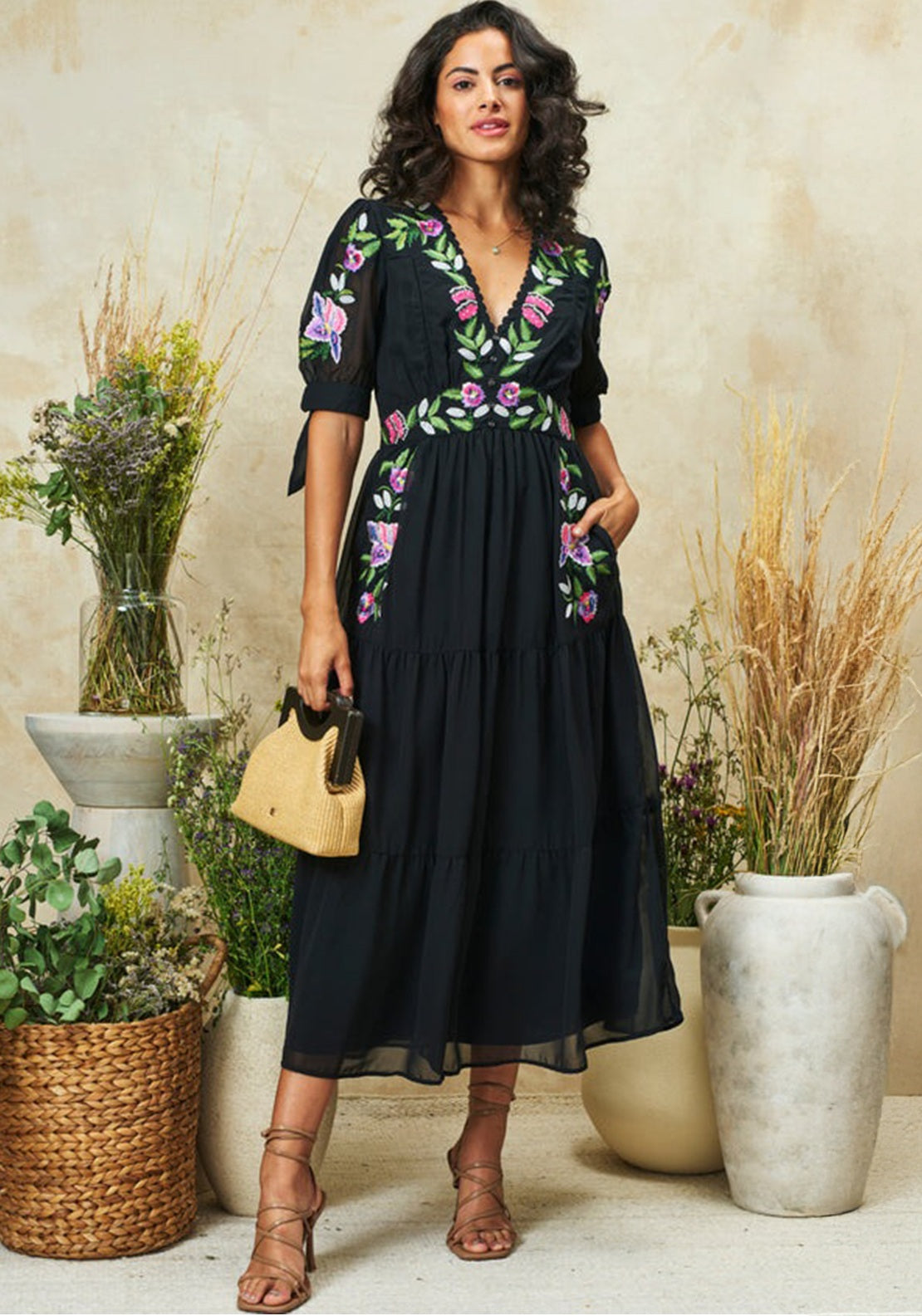 Hope & Ivy April Embroidered Tie Sleeve V-Neck Midi Dress, Black Hope & Ivy April Embroidered Tie Sleeve V-Neck Midi Dress, Black
