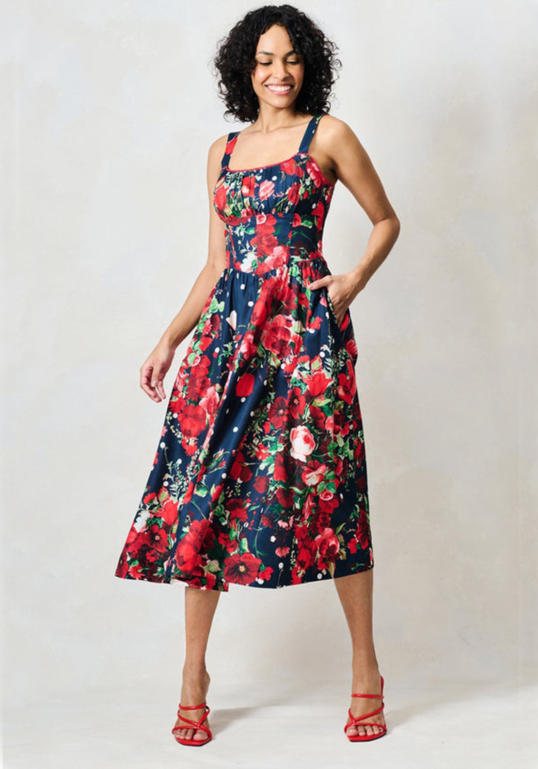 Hope & Ivy Leona Sleeveless Corset Midi Dress, Navy & Red