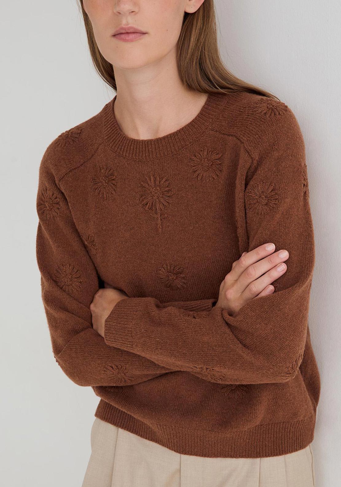 YERSE Fine Knit Floral Embroidered Sweater, Tan