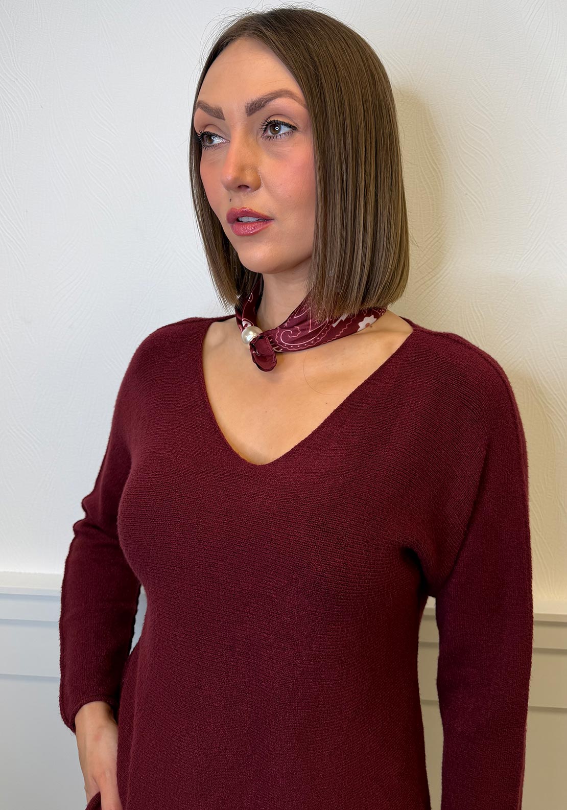 Serafina V Neck Jumper & Neck Scarf, Wine