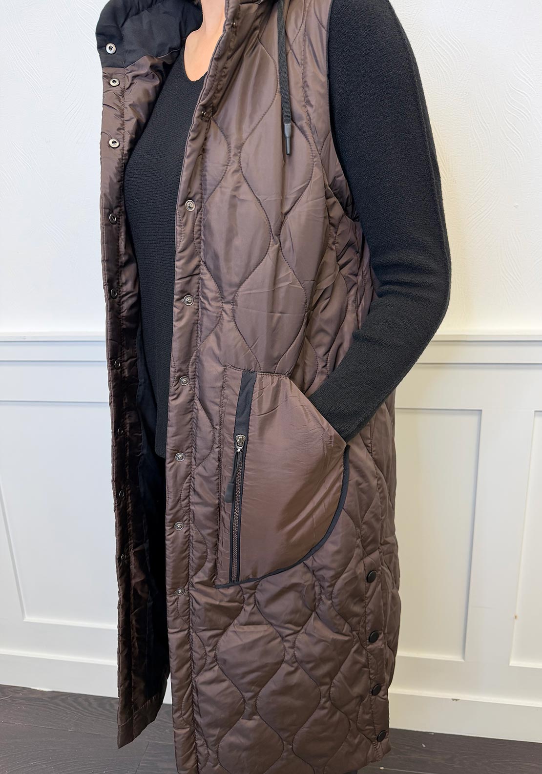 Naya Quilted Hooded Longline Gilet, Brown