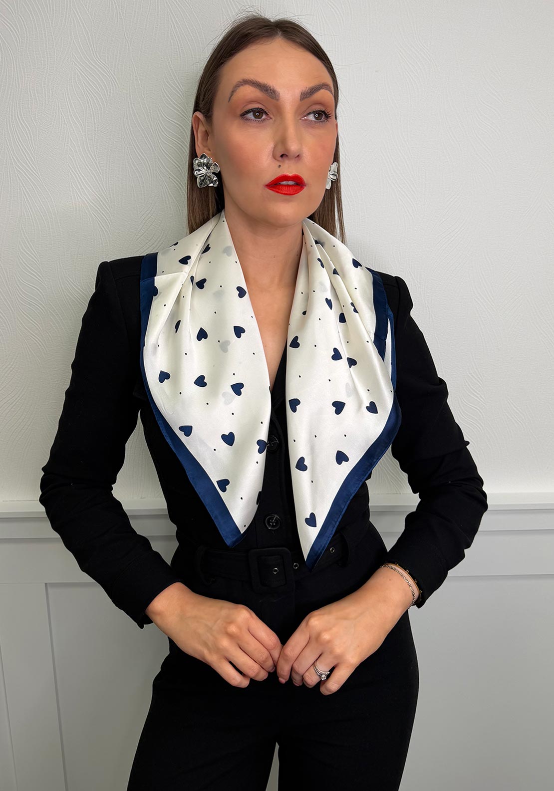 Serafina Heart Print Neck Scarf, Navy