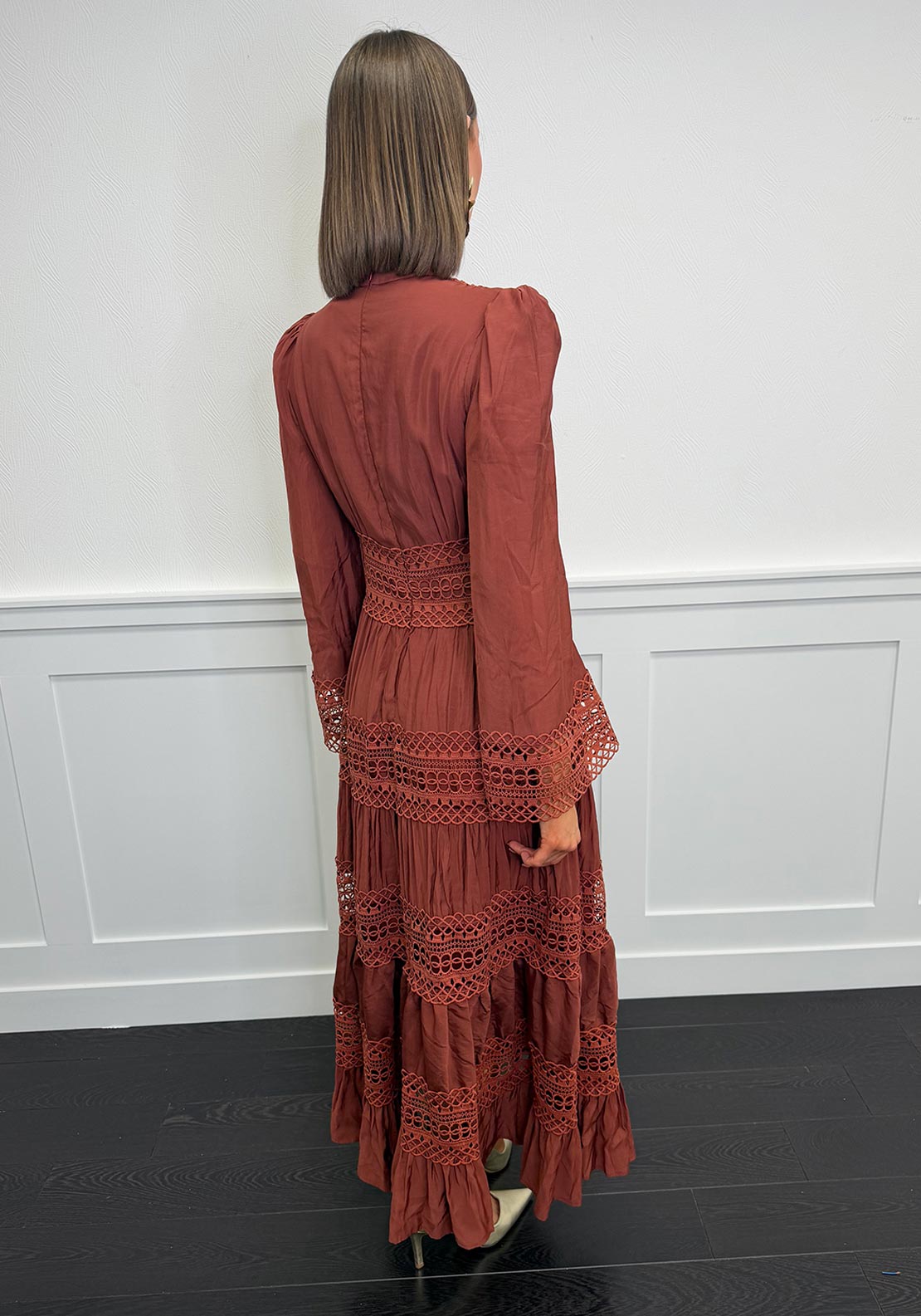 Serafina Collection Embroidered Long Sleeve Maxi Dress, Rust Orange