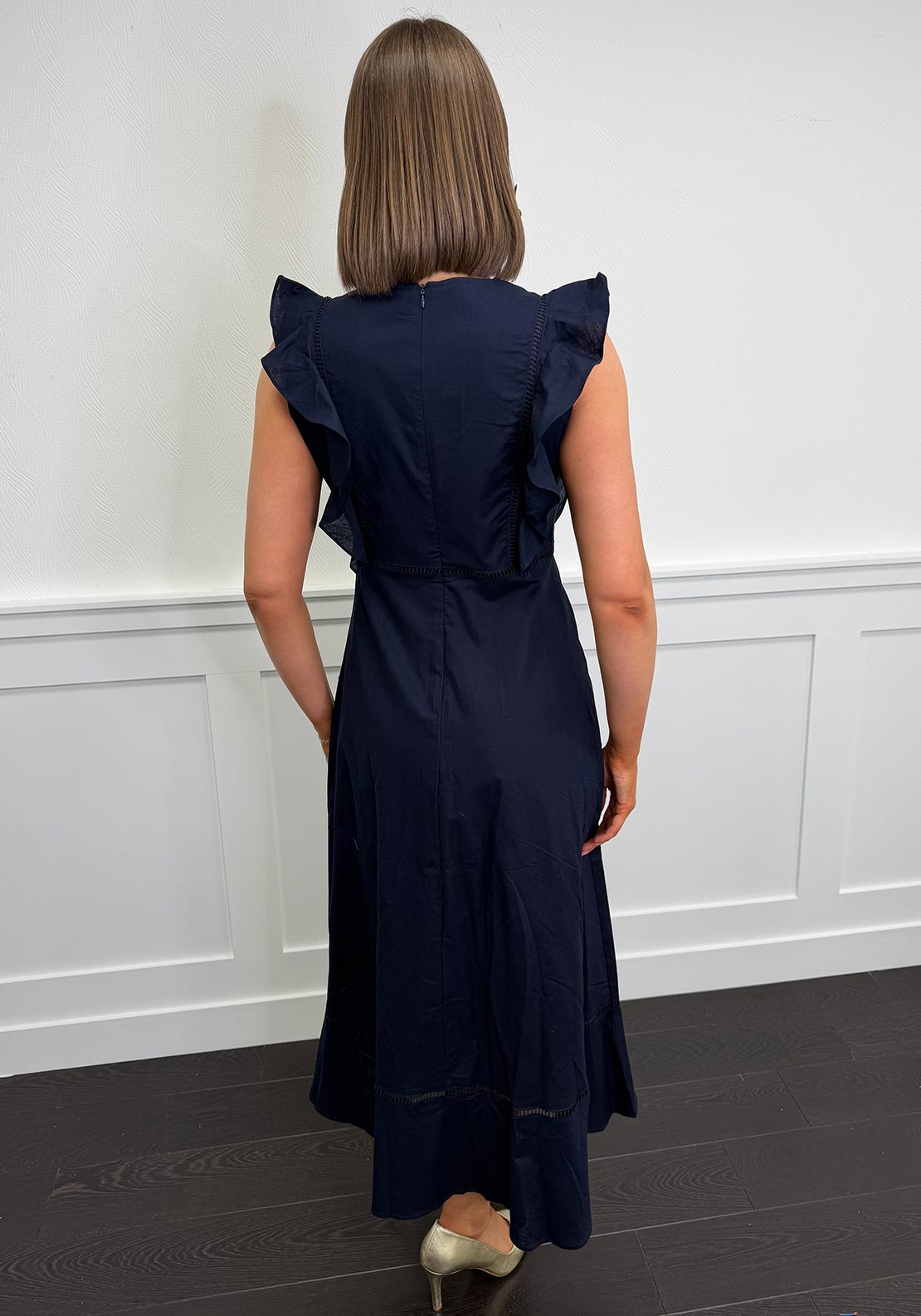 Serafina Collection Linen Frill Bodice Long Dress, Navy