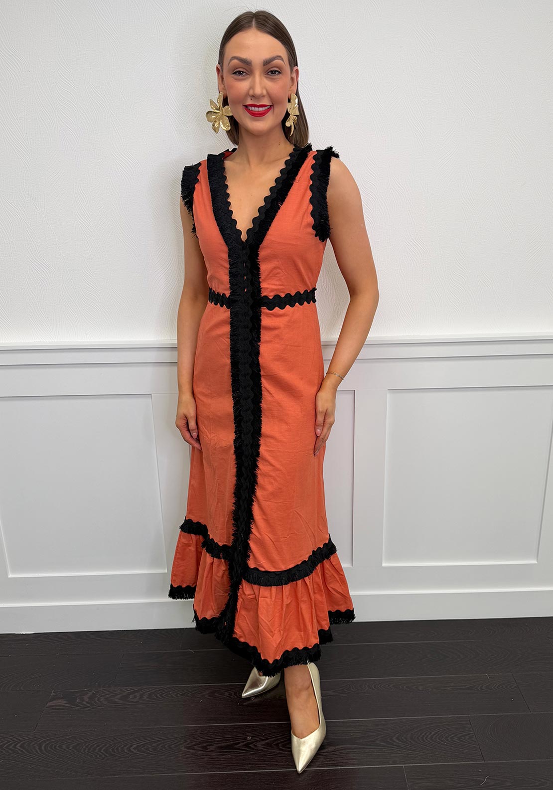 Serafina Collection Fringed Trim Linen Maxi Dress, Orange