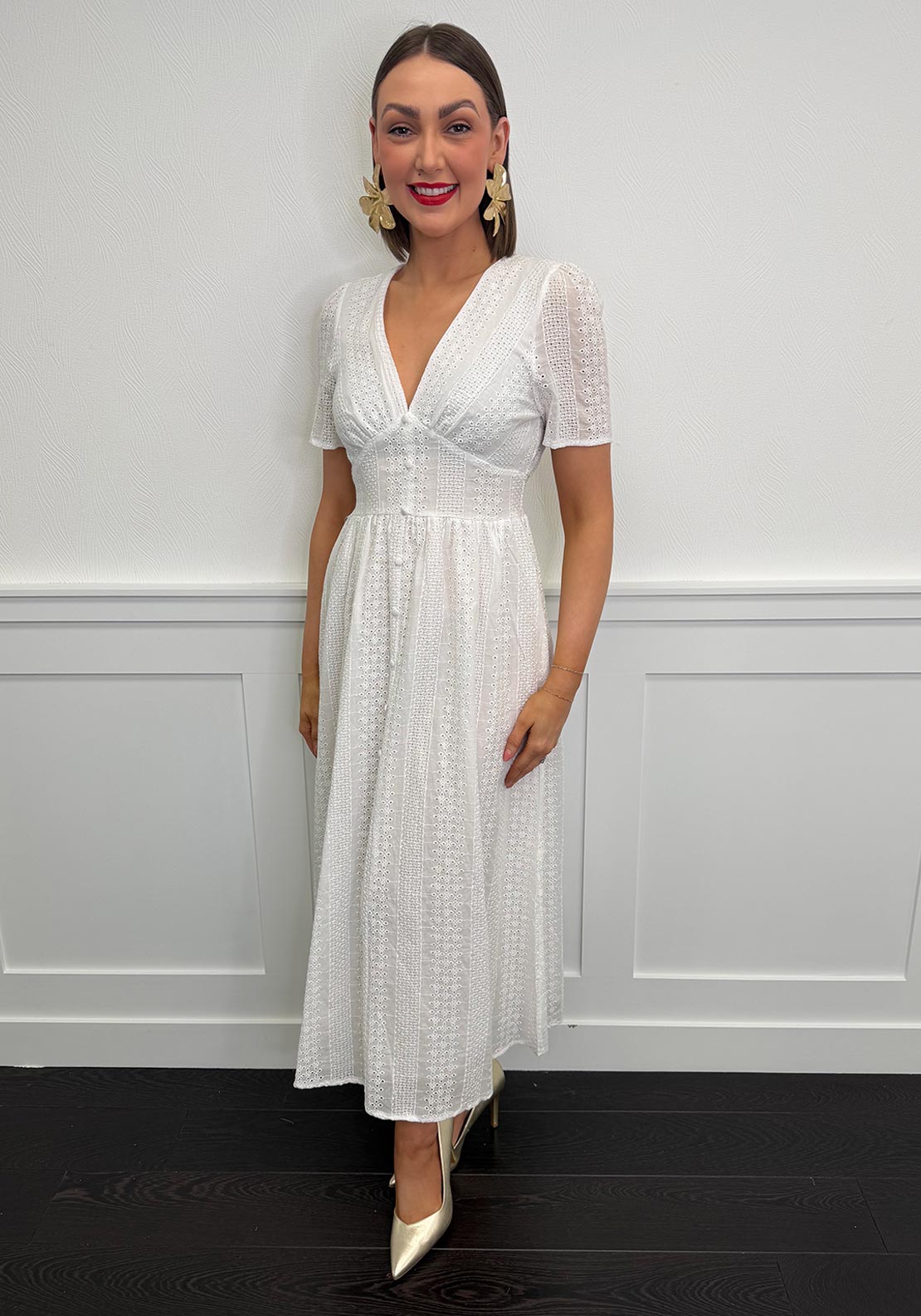 Serafina Broderie Cotton Midi Dress, White