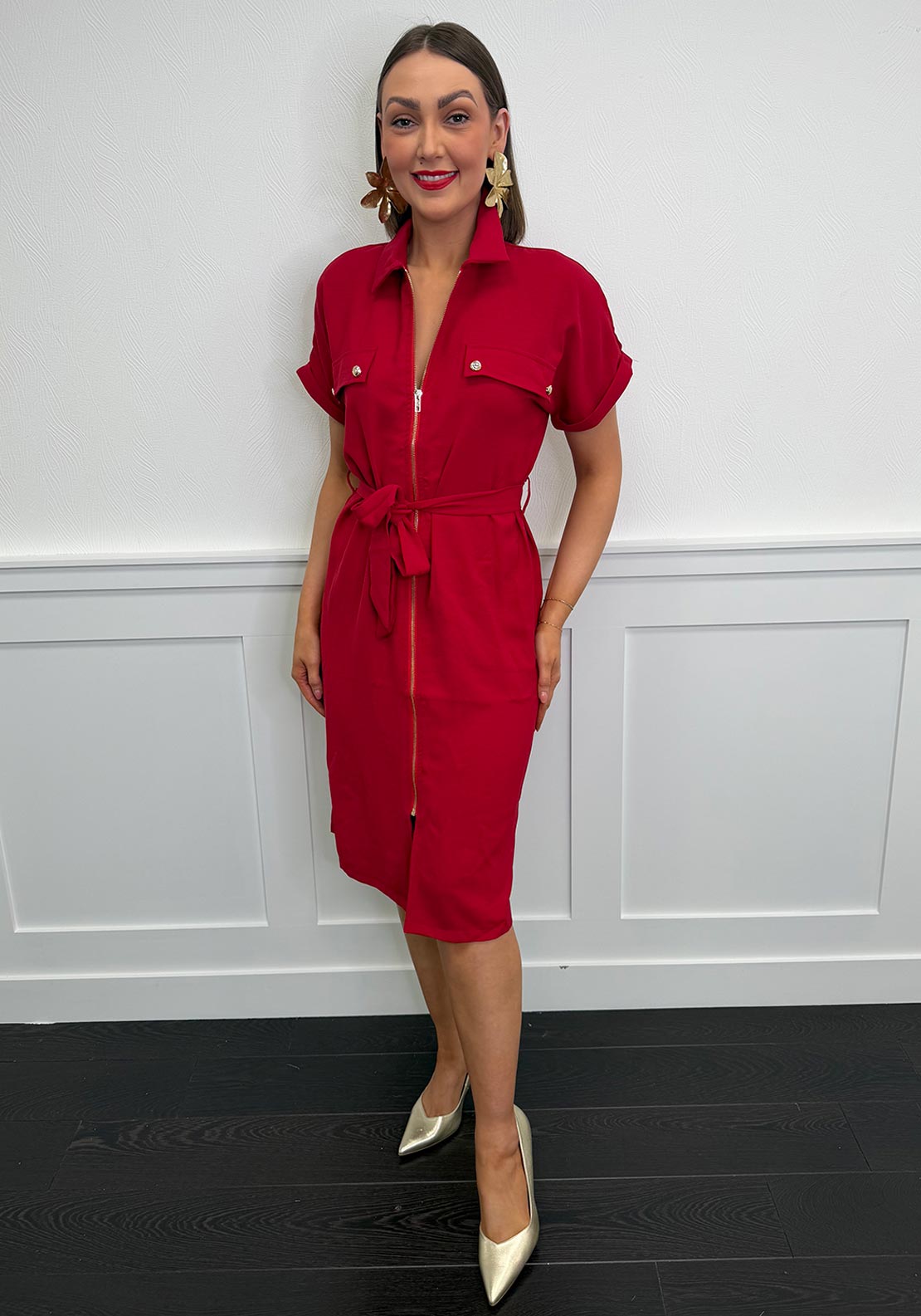 Serafina Zip Front Midi Dress, Dark Red