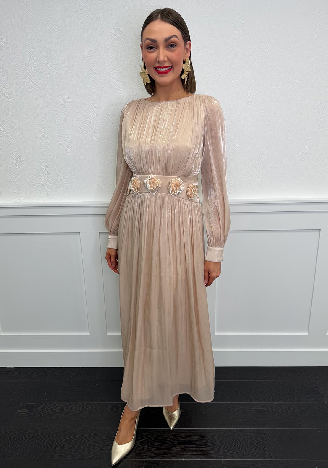 Serafina Chiffon Flower Applique Long Sleeve Dress, Beige