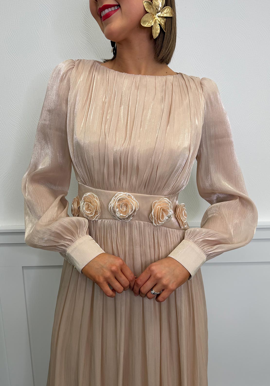 Serafina Chiffon Flower Applique Long Sleeve Dress, Beige