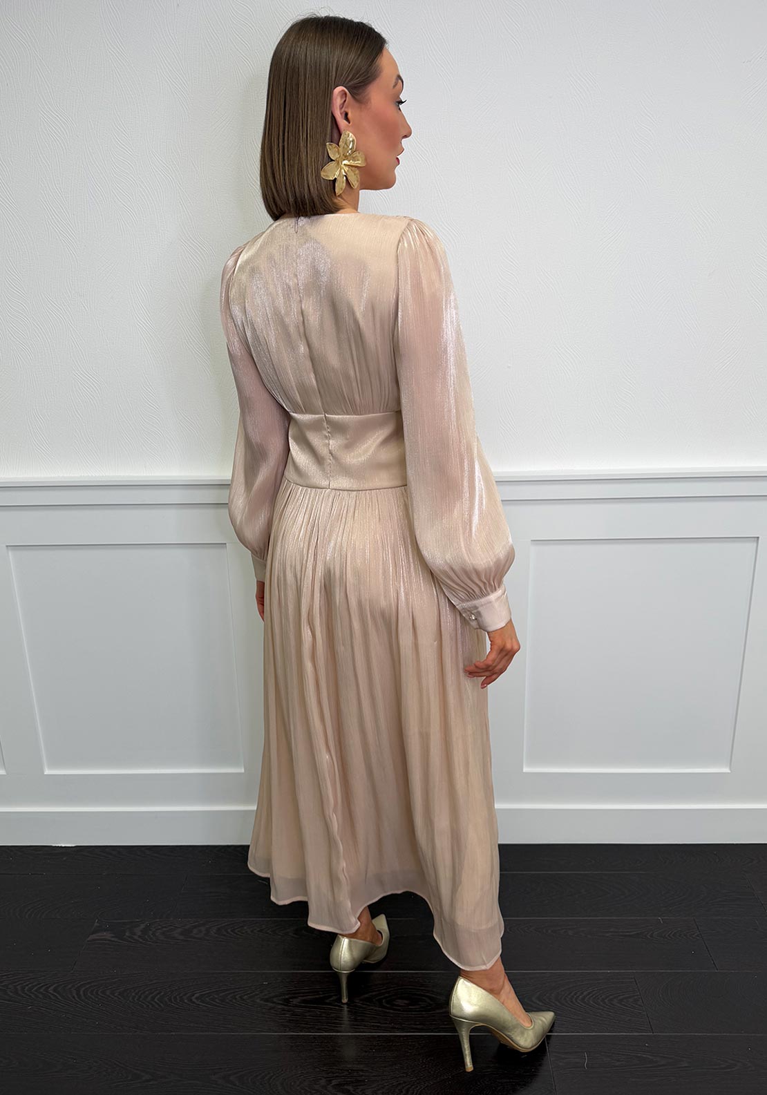 Serafina Chiffon Flower Applique Long Sleeve Dress, Beige