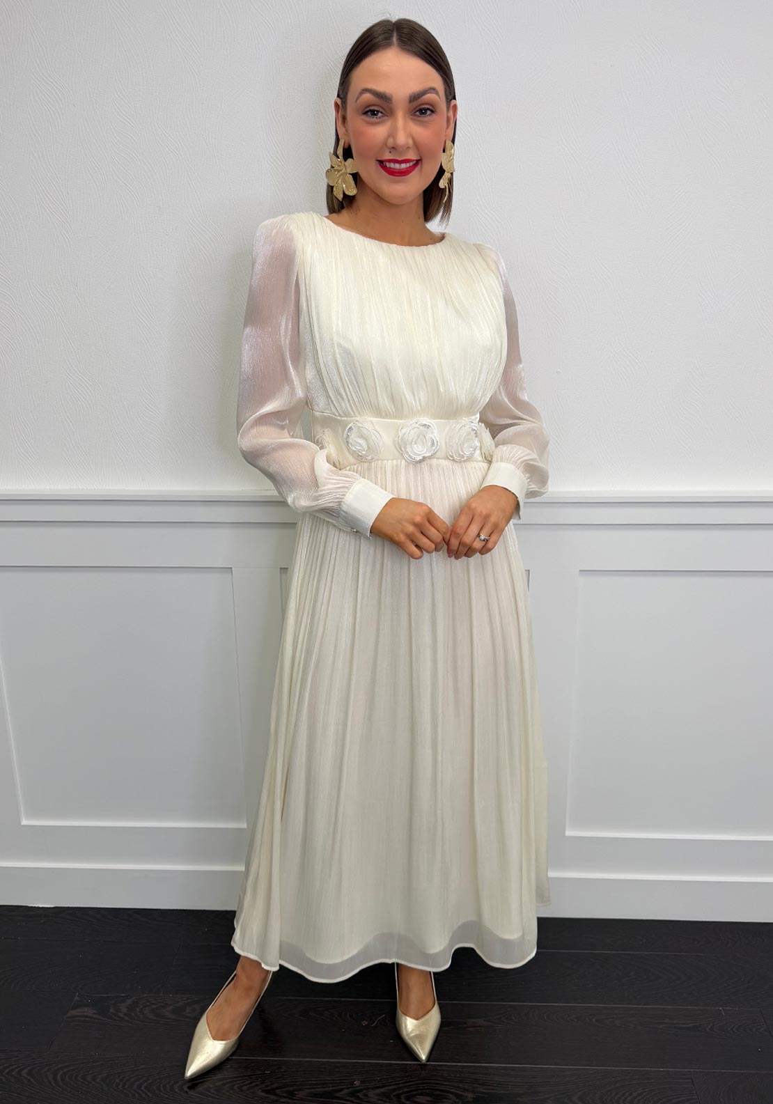 Serafina Chiffon Flower Applique Long Sleeve Dress, Cream