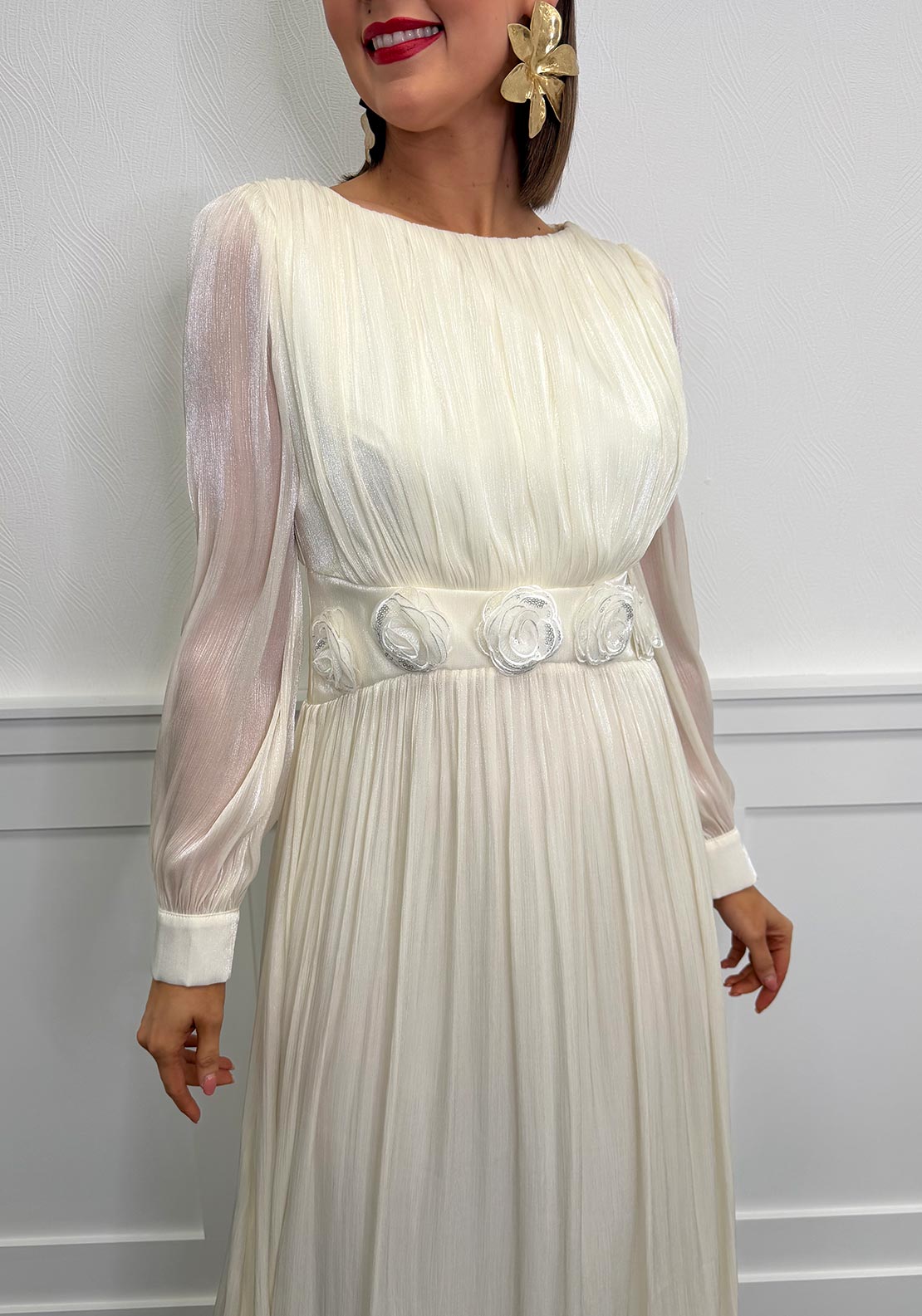 Serafina Chiffon Flower Applique Long Sleeve Dress, Cream