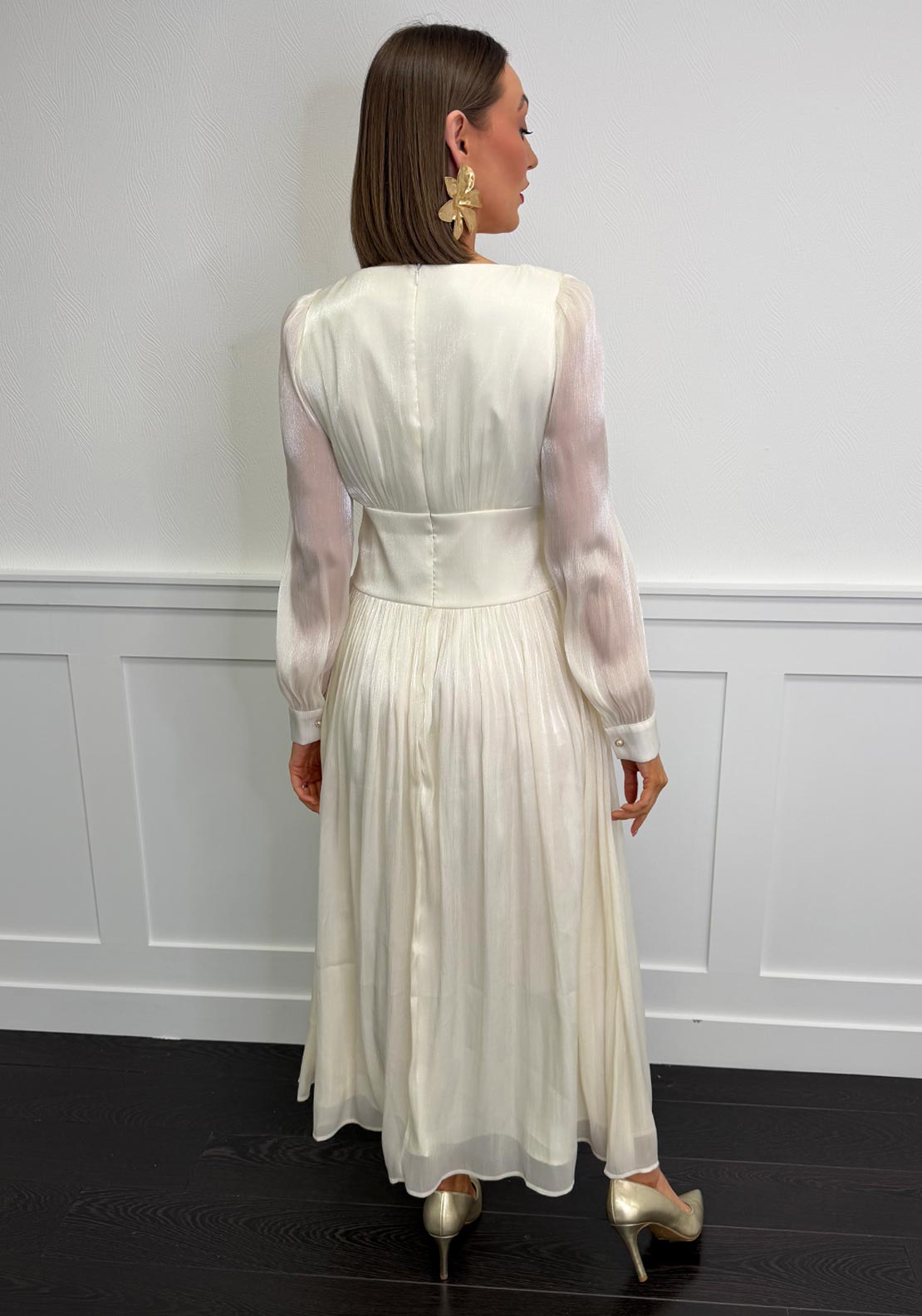 Serafina Chiffon Flower Applique Long Sleeve Dress, Cream