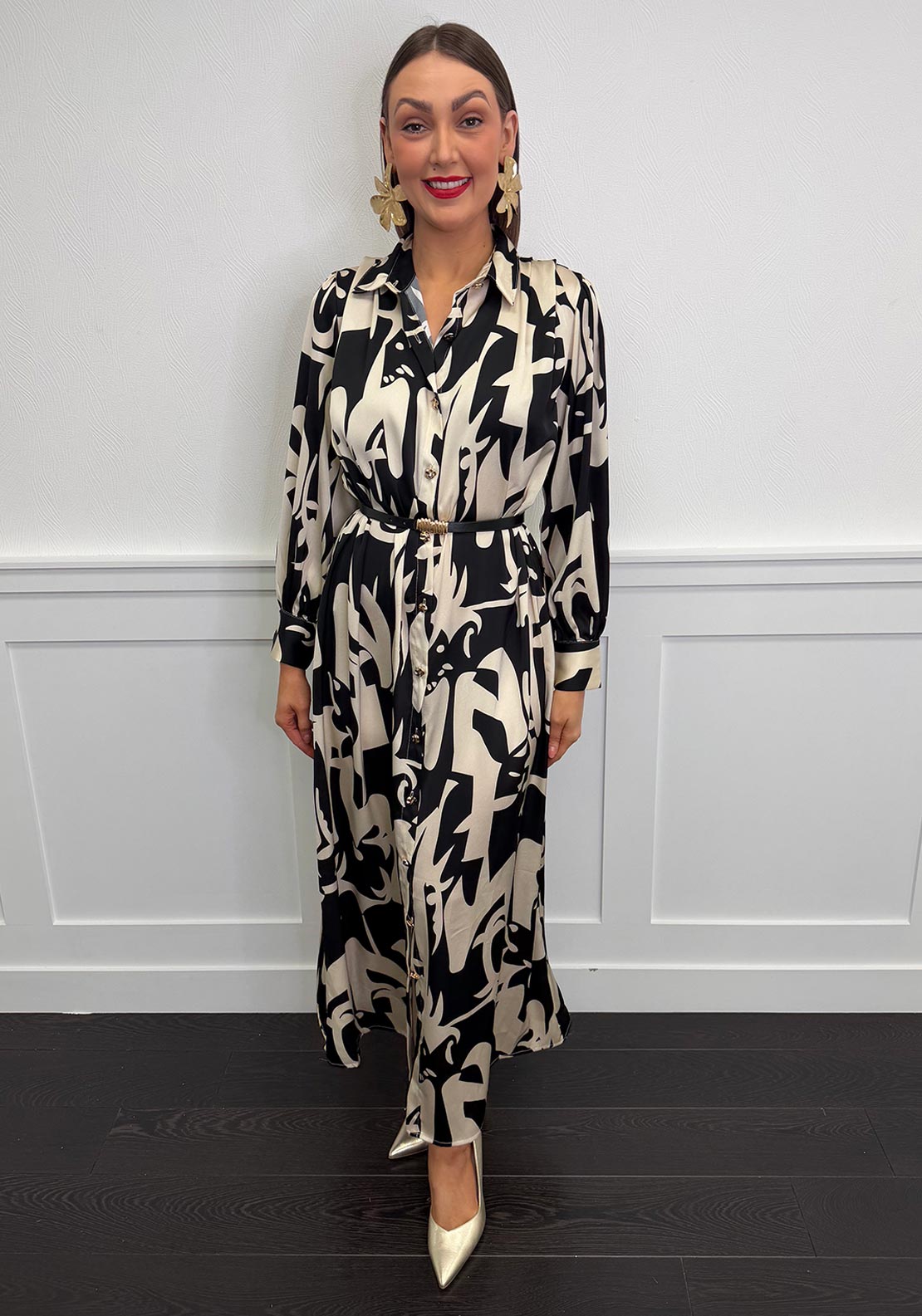 Serafina Abstract Print Belted Shirt Dress, Black & Cream