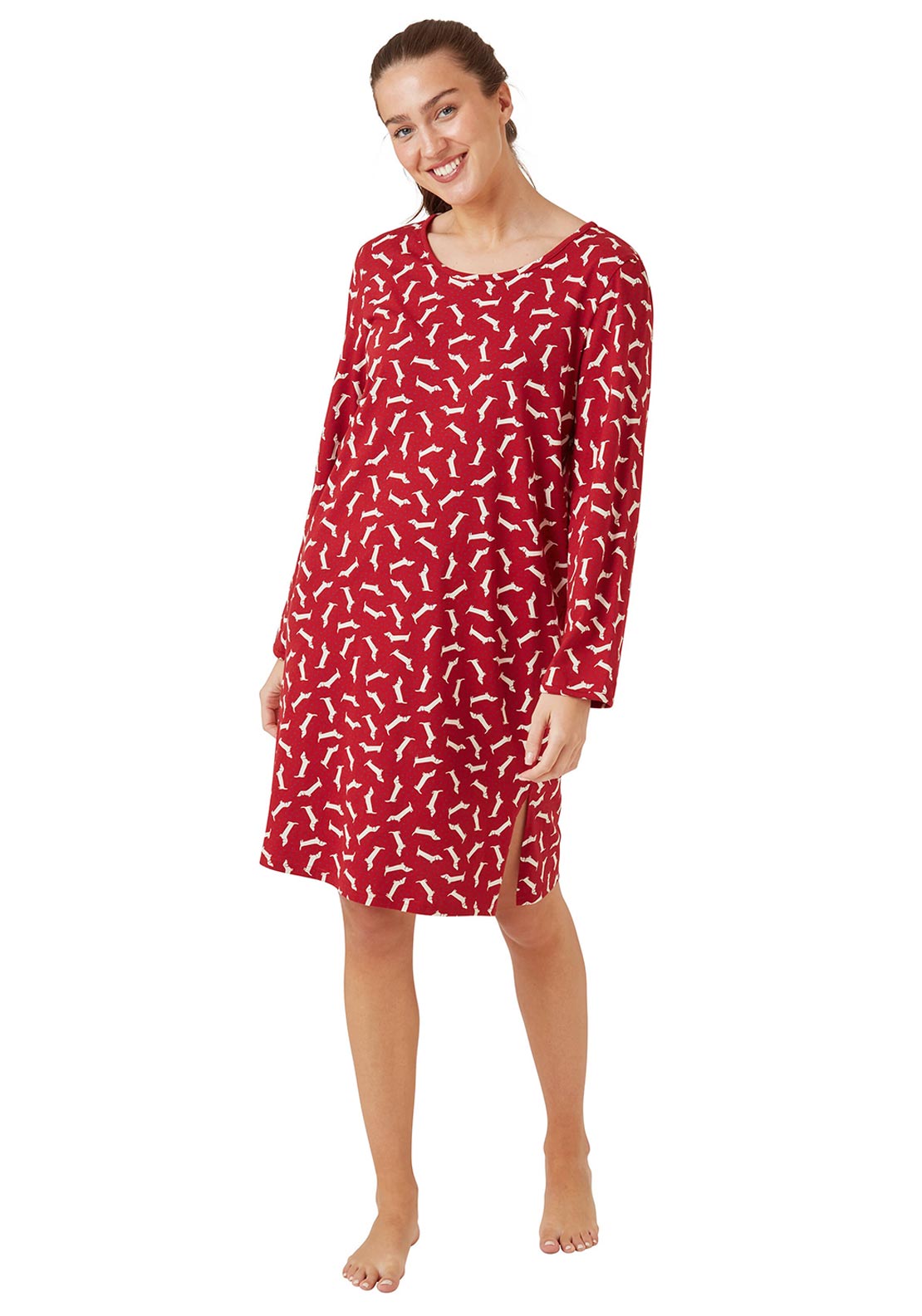 Indigo Sky Dachshund Long Sleeve Nightdress, Red