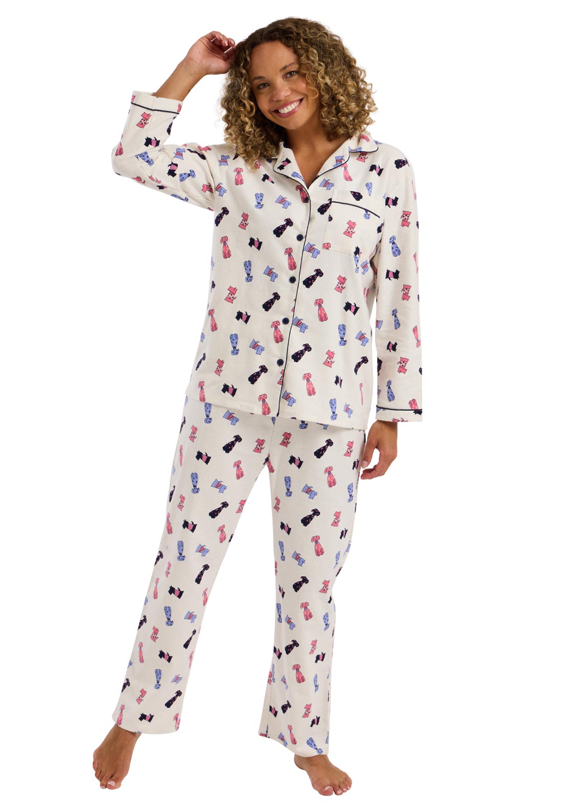 Indigo Sky Dog Print Brushed Cotton Pyjama Set, Cream