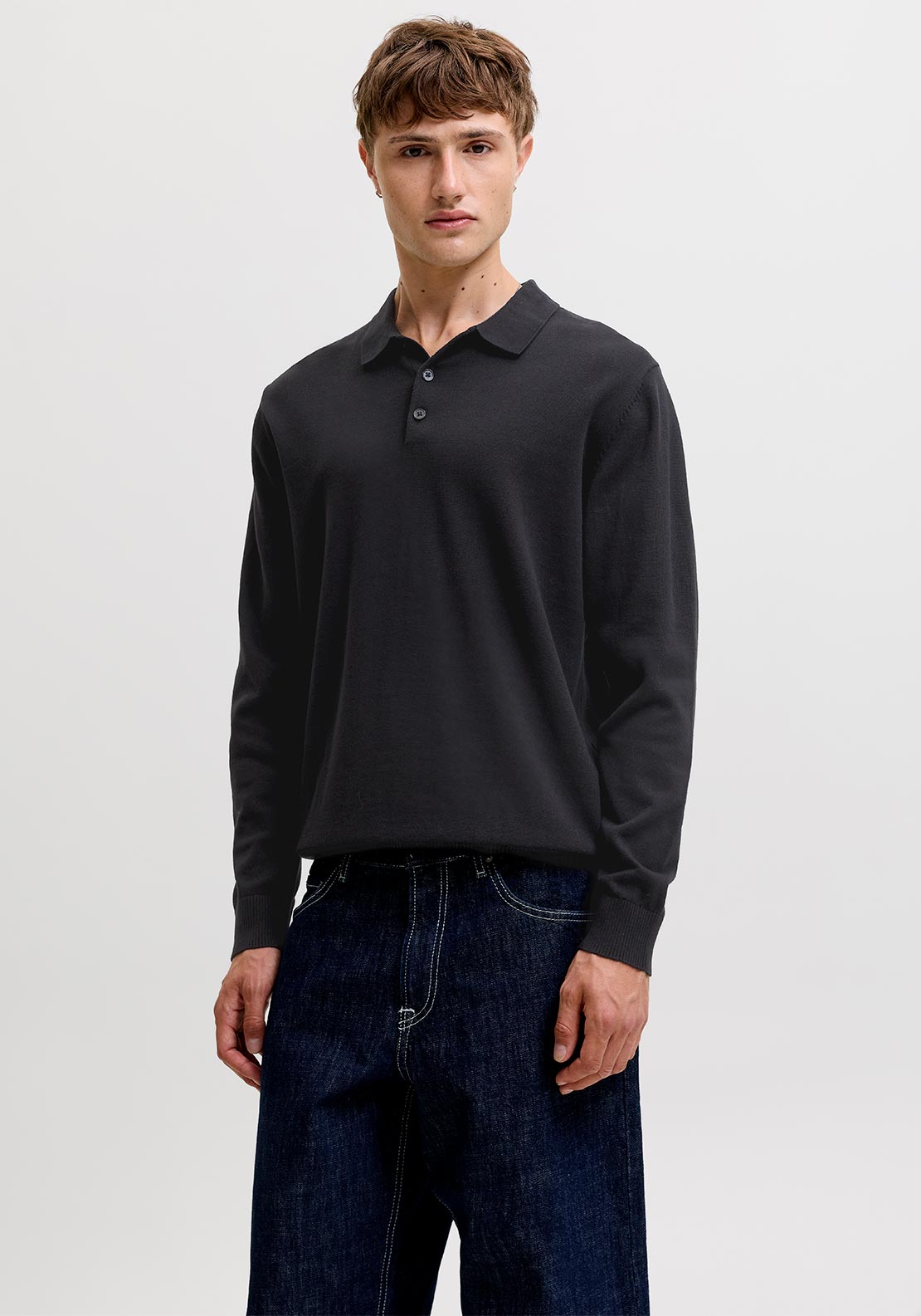 Jack & Jones Basic Long Sleeve Knit Polo Shirt, Black