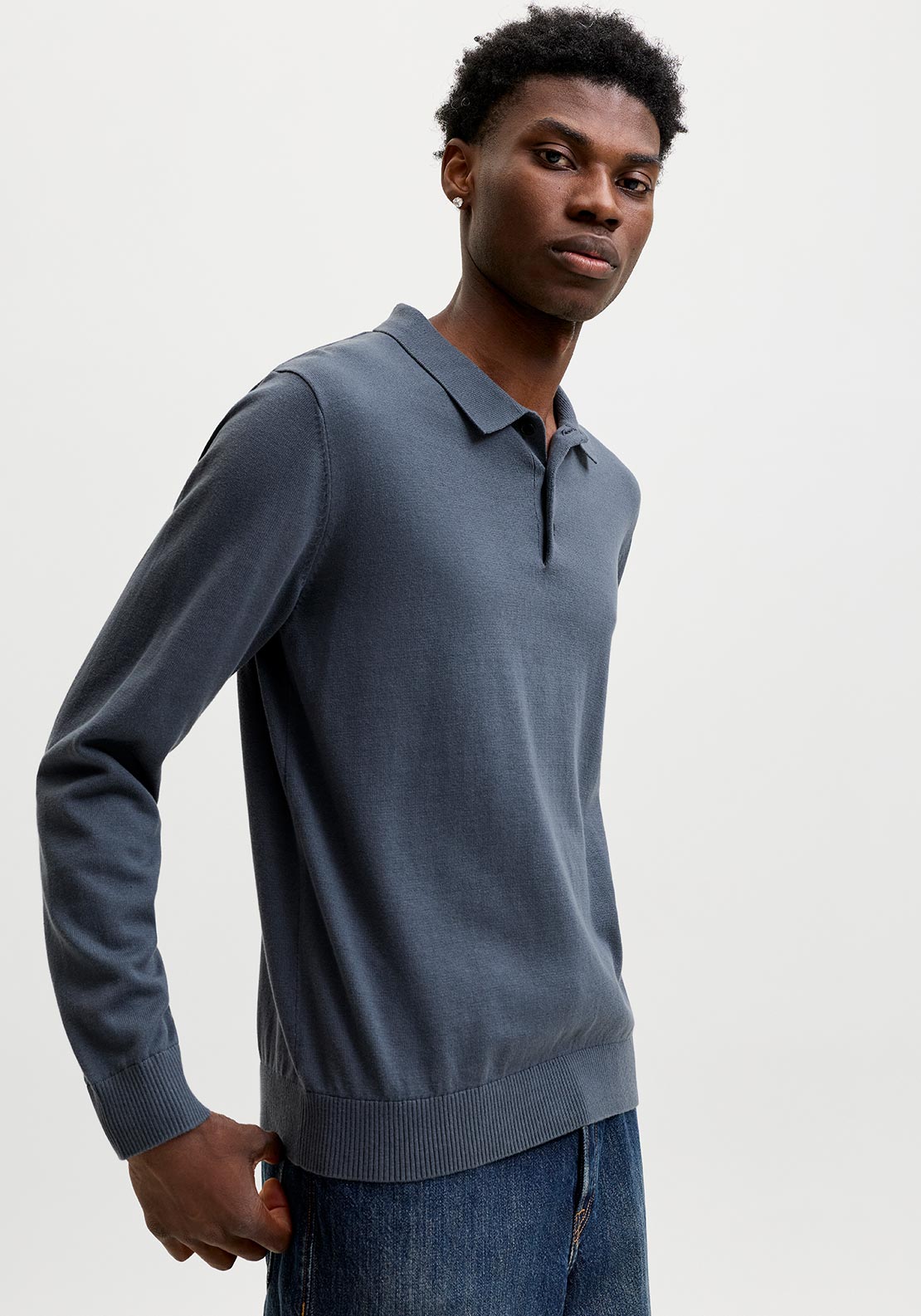 Jack & Jones Basic Long Sleeve Knit Polo Shirt, Dark Grey