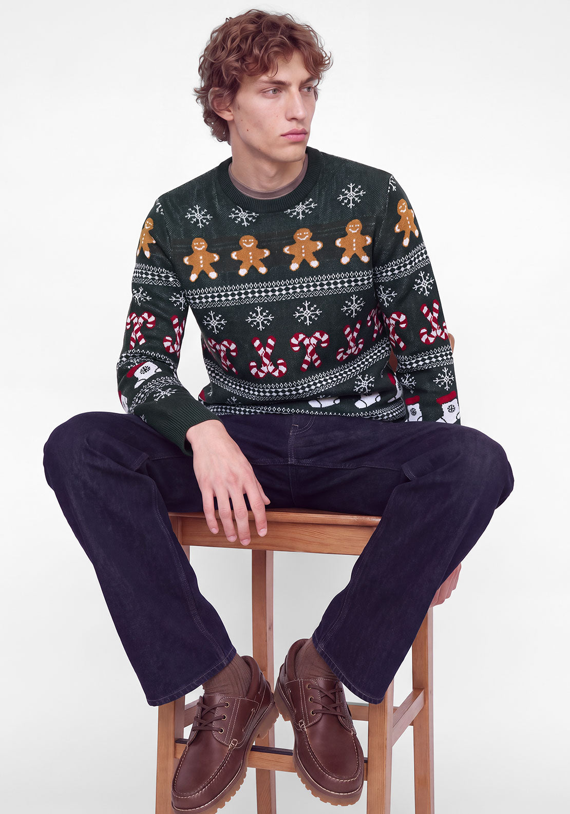 Jack & Jones Candy Cane Gingerbread Man Knit Jumper, Green
