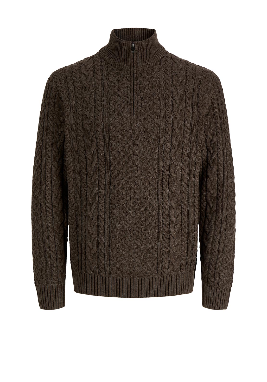 Jack & Jones Callum Cable Knit Quarter Zip Jumper, Brown