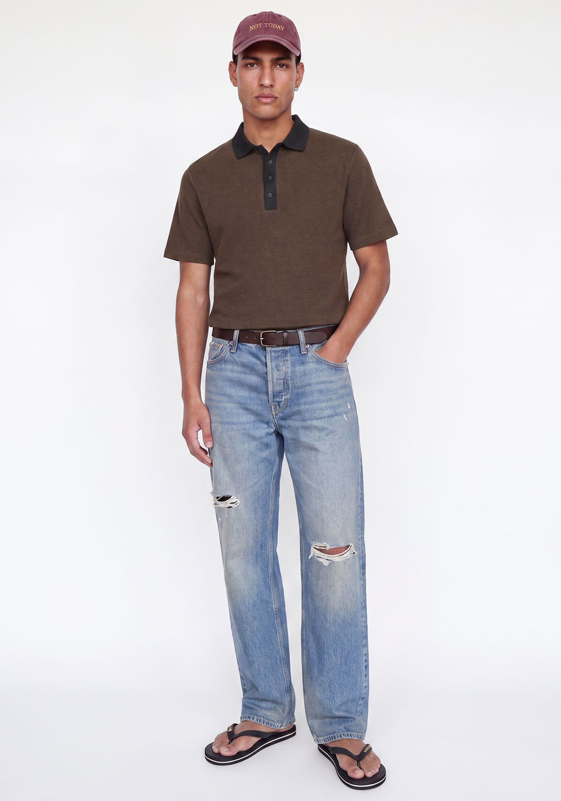 Jack & Jones Theo Textured Knit Polo Shirt, Brown