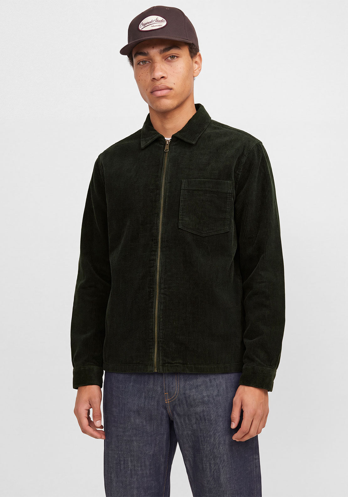 Jack & Jones Toronto Corduroy Zipped Shirt, Dark Green