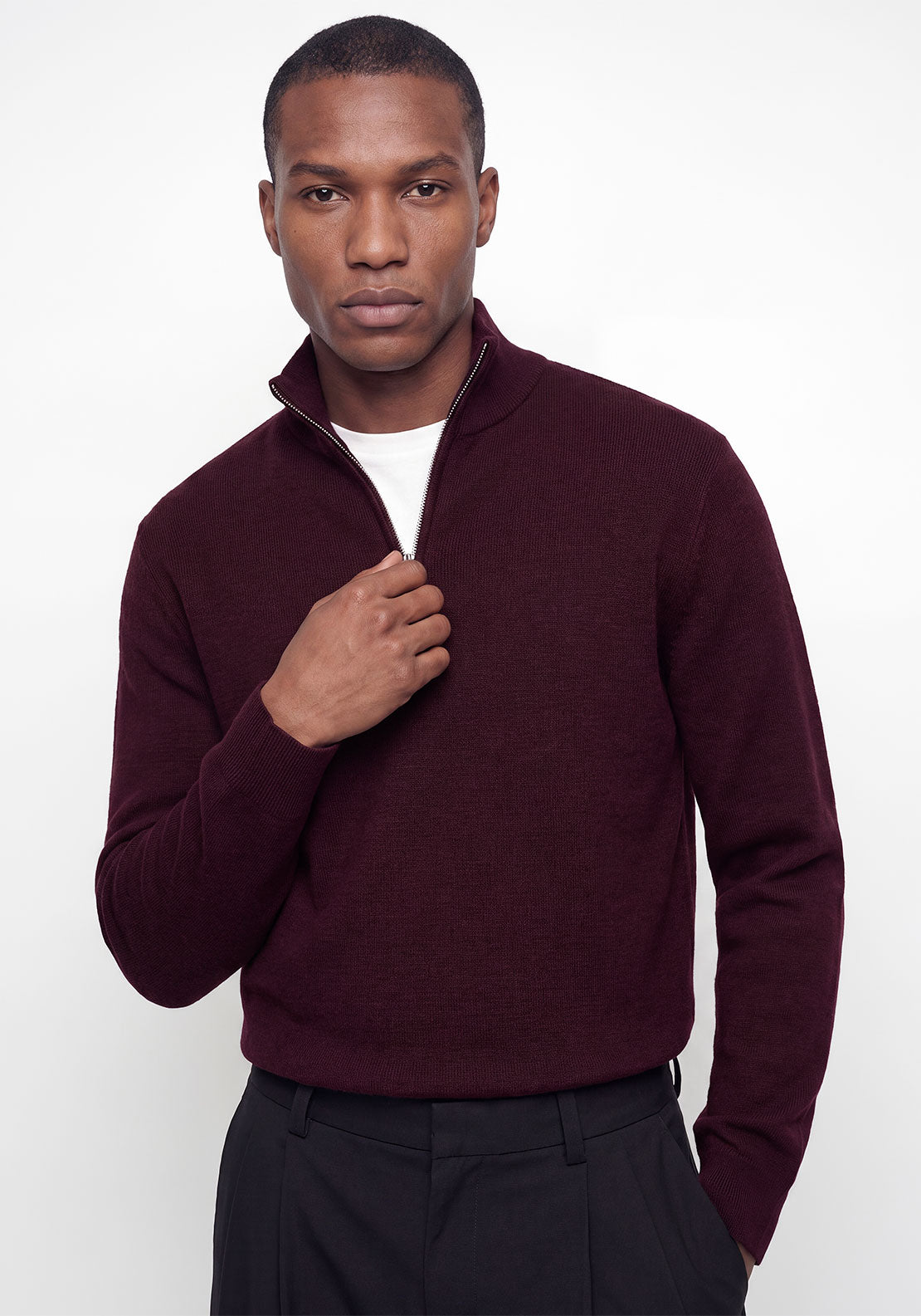 Jack & Jones Milano Stitch Knit Quarter Zip Sweater, Wine