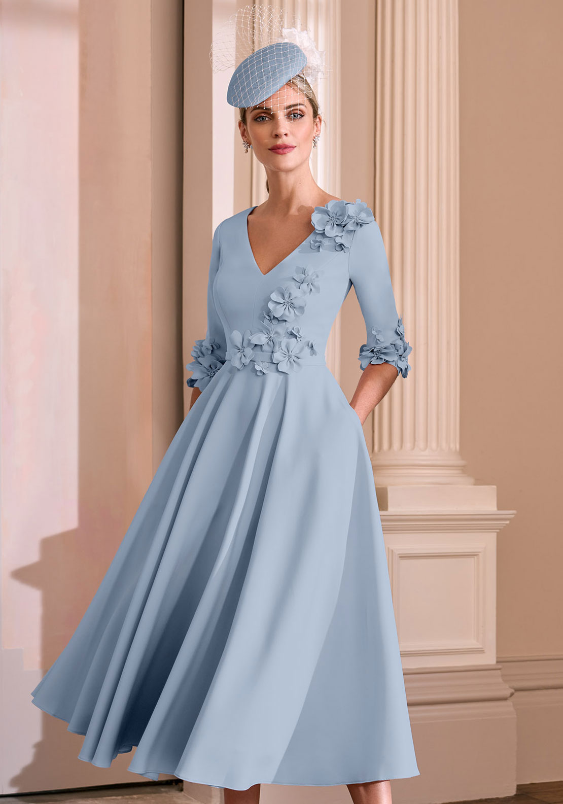 John Charles Floral Embellished A-Line Midi Dress, Ice Blue John Charles Floral Embellished A-Line Midi Dress, Ice Blue