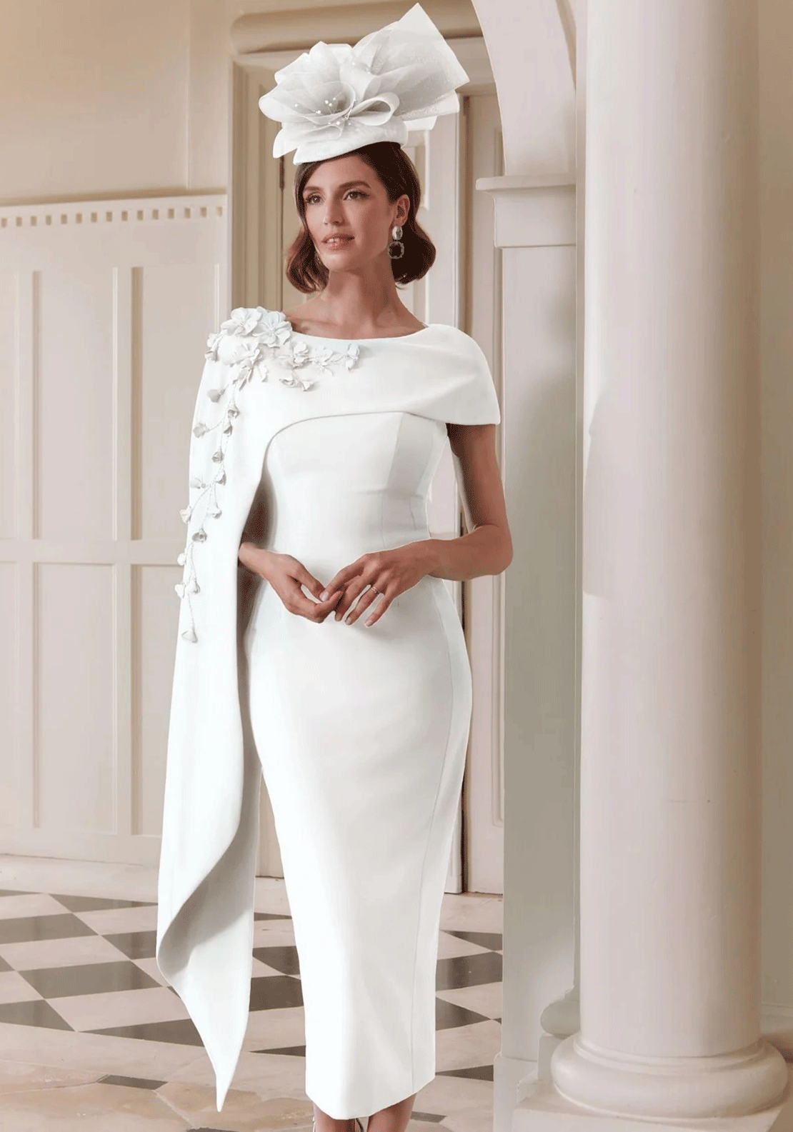 John Charles 3D Floral Cape Detail Pencil Dress, Ivory - McElhinneys John Charles 3D Floral Cape Detail Pencil Dress, Ivory - McElhinneys