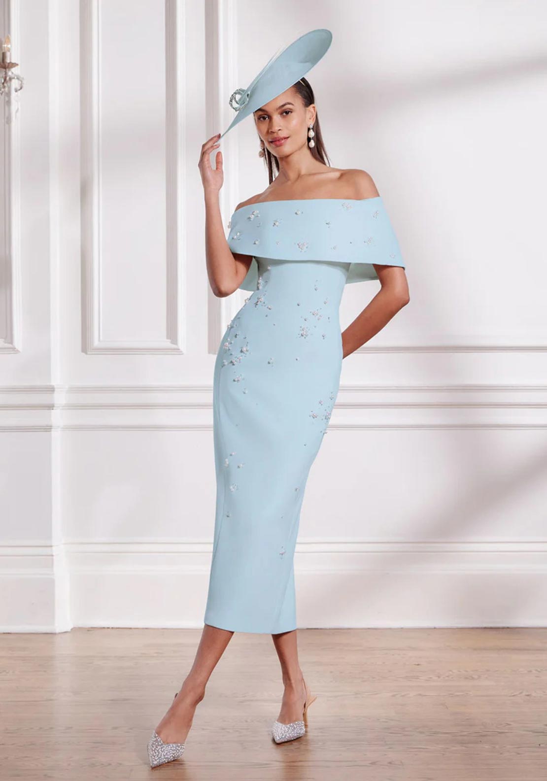 John Charles Off The Shoulder Pearl Embellished Pencil Dress, Blue - McElhinneys John Charles Off The Shoulder Pearl Embellished Pencil Dress, Blue - McElhinneys