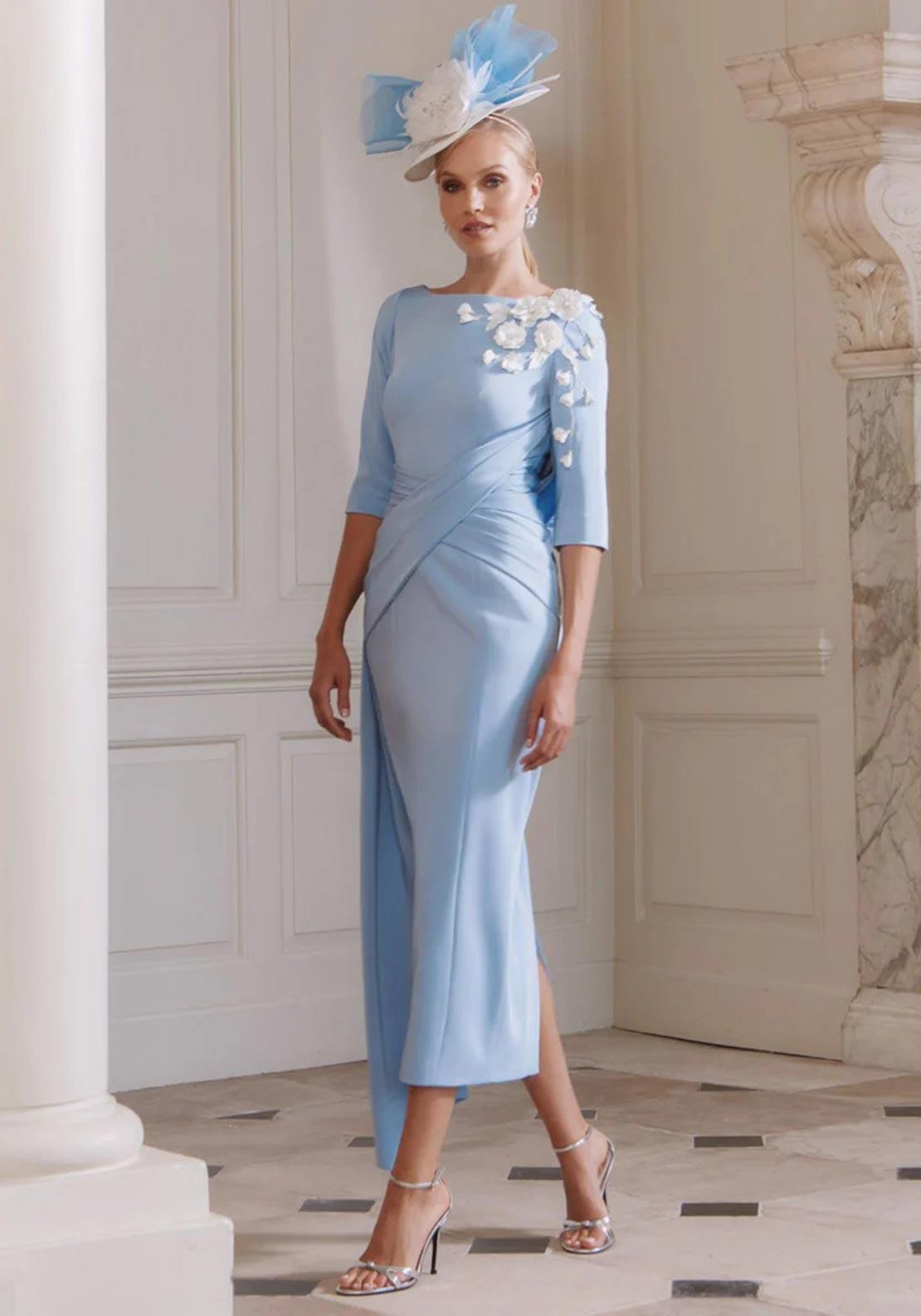 john charles blue dress John Charles Off The Shoulder Pearl Embellished Pencil Dress, Blue
