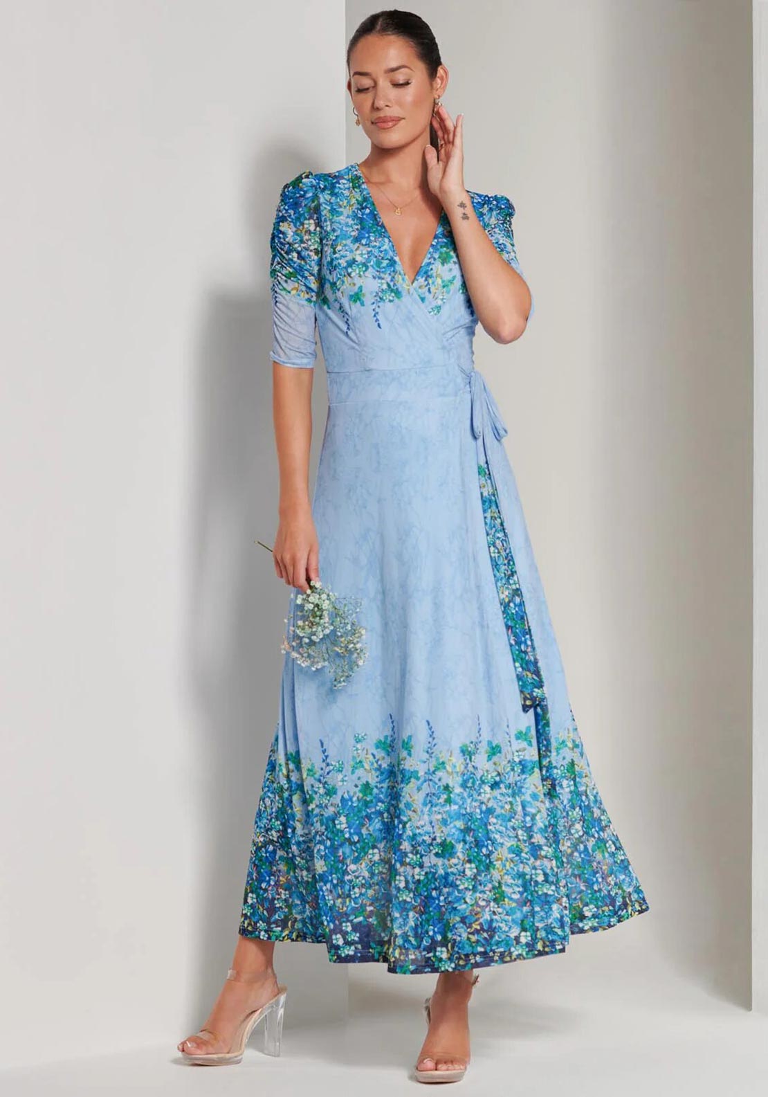 jolie moi lace bodice pleated maxi dress Jolie Moi Peggy Ruched Sleeve Wrap Mesh Maxi Dress, Blue Multi