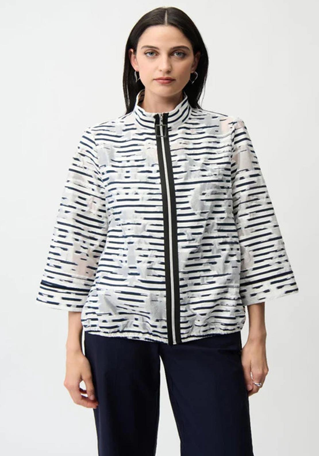Joseph Ribkoff Jacquard Organza Stripe Bomber Jacket, White
