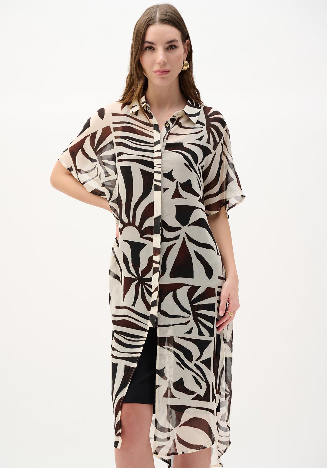 Joseph Ribkoff Chiffon Printed Long Blouse, Beige and Brown