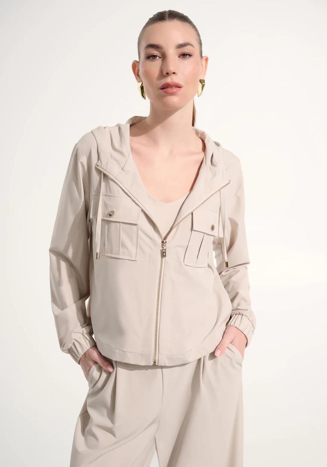 Joseph Ribkoff Sport Hooded Boxy Utility Jacket, Beige